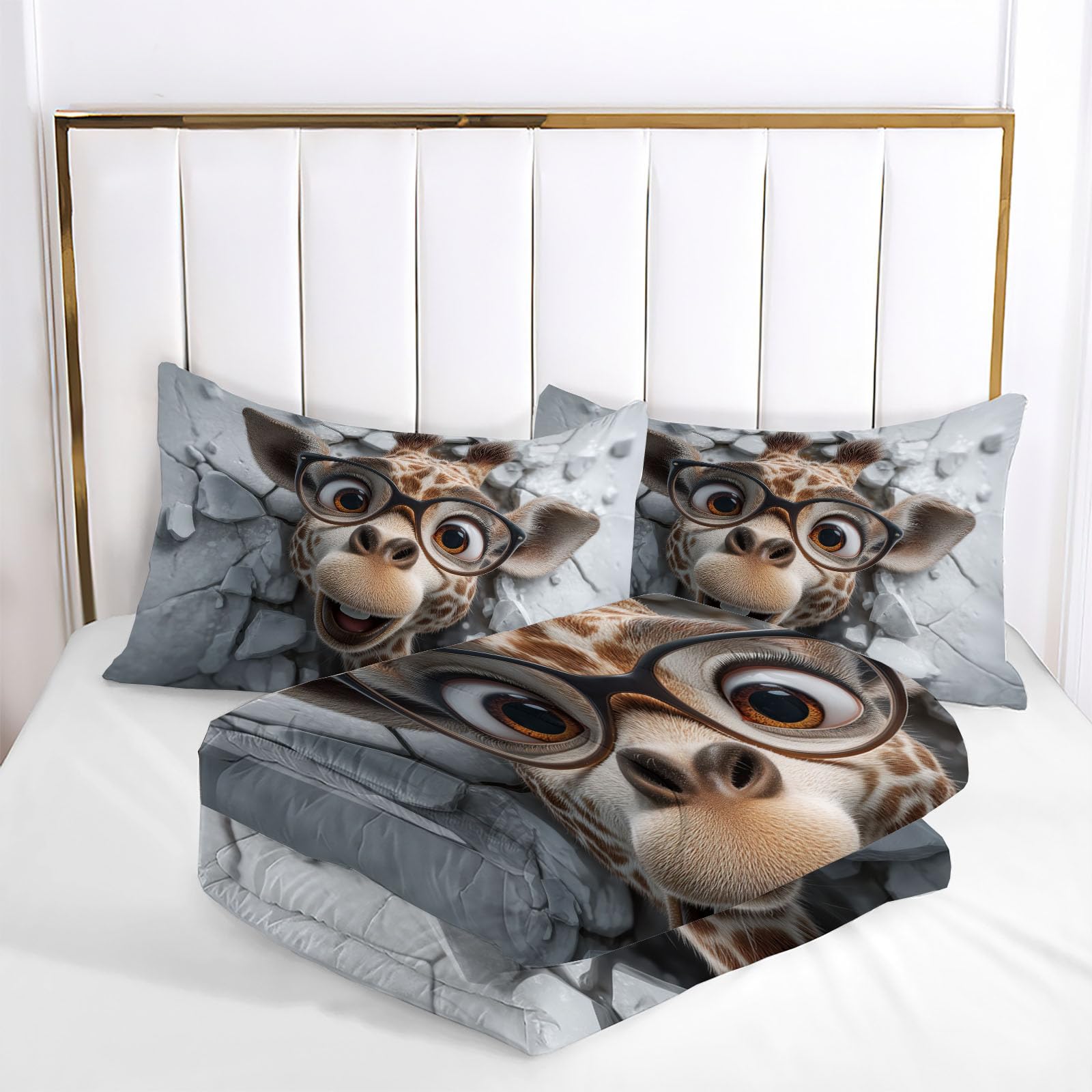Edredon Cama 135/150 Jirafa Feliz A Través La Pared Estampado Infantil, Edredón Nórdico 4 Estaciones 240x220cm, Colcha Transpirable De Microfibra Lavable Lindos Animales, 2 Fundas De Almohada