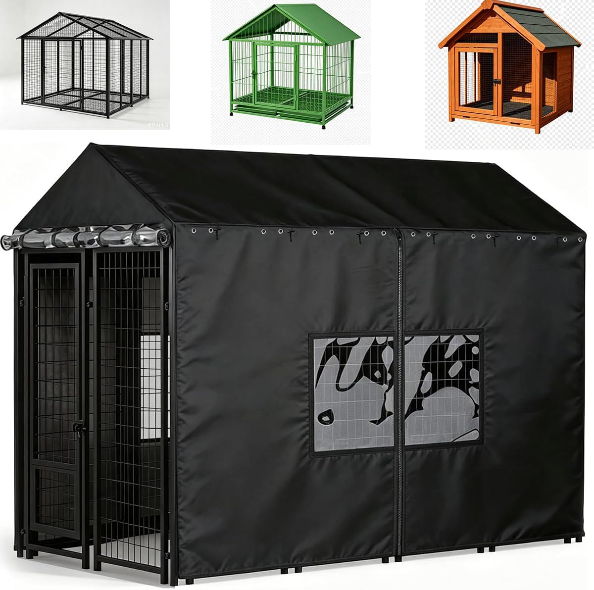 Outdoor Dog Kennel Cover 8x4x6ft with Clear PVC Windows & Roll-Up Panels