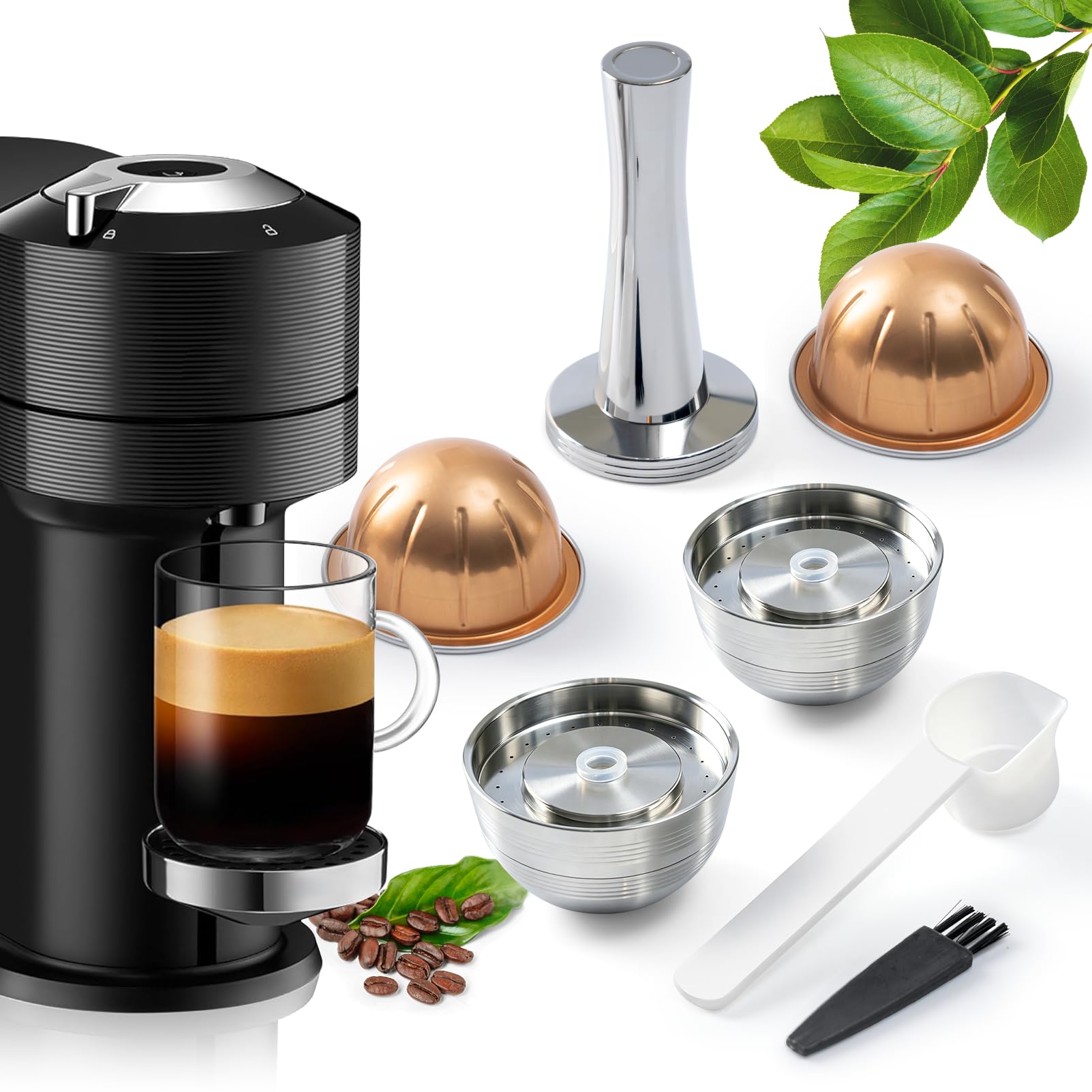 Nespresso Vertuo Pods versión actualizada para cafetera Vertuo Next para hacer café crema de 230 ml, cápsulas reutilizables de acero inoxidable para Vertuo Next, 2 cápsulas 1 manipulador