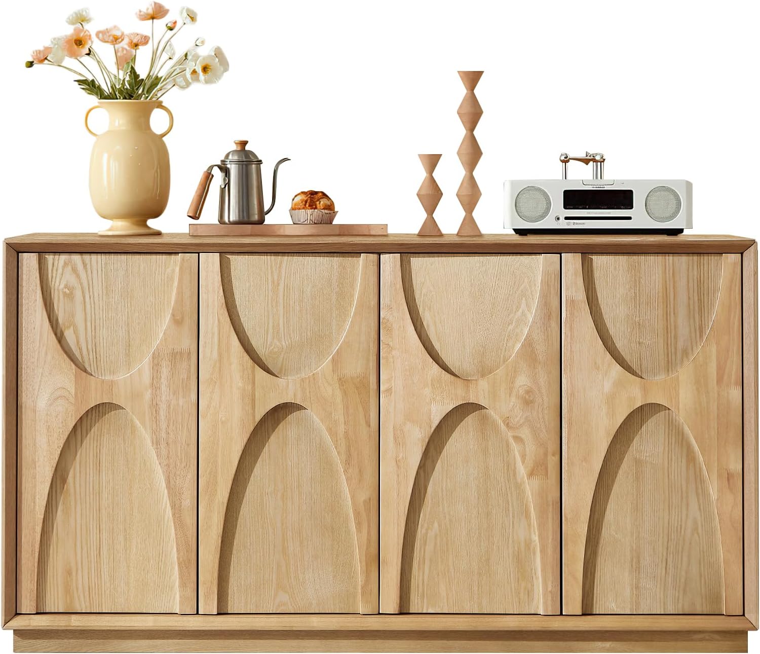 59" Sideboard Buffet Cabinet with Storage, Mid-Century Modern Sculpted Door Design Buffet Sideboard Accent Credenza with Adjustable Shelves for Living Room Kitchen Hallway (Natural)