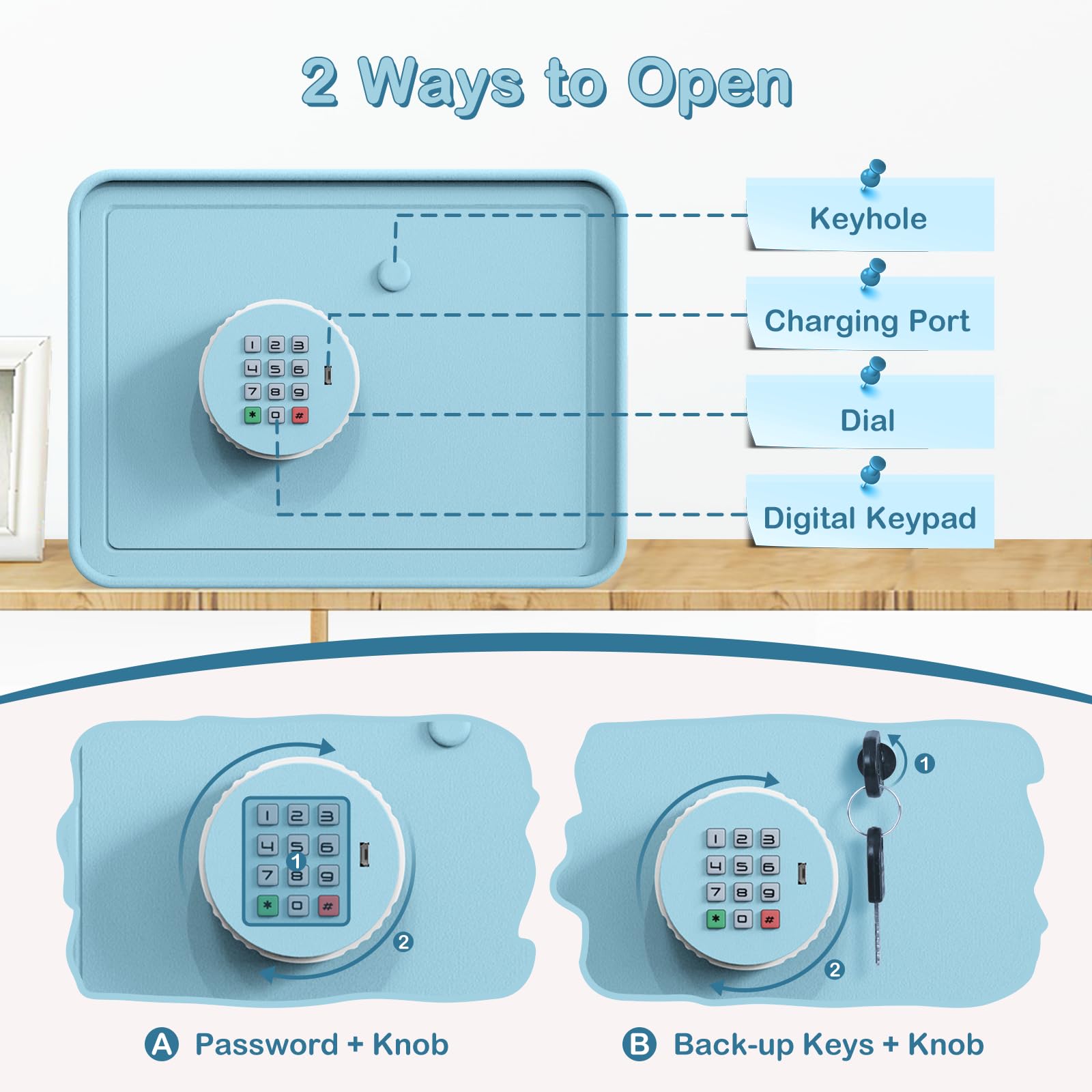 GoldenKey Mini coffre-fort pour enfants – Macaron bleu 17,8 x 23,9 x 16 cm – Coffre-fort avec fente pour pièces de monnaie et billets, clavier et serrure à clé, sauvegarde USB, autocollants de