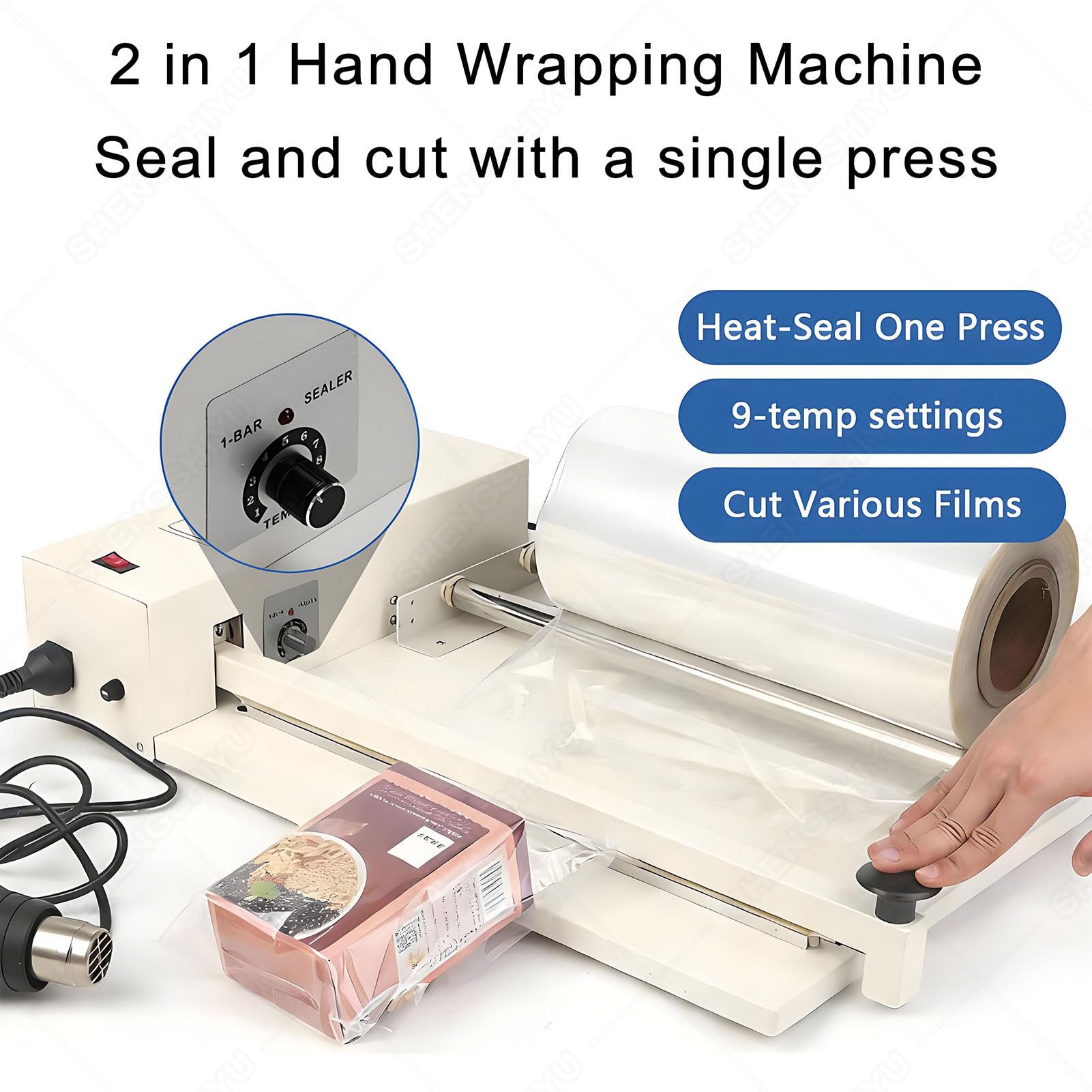 Machine d'emballage rétractable avec pistolet thermique, température réglable, taille personnalisée, compatible avec les films rétractables POF/PE, longueur d'étanchéité 60 cm, idéal pour l'emballage