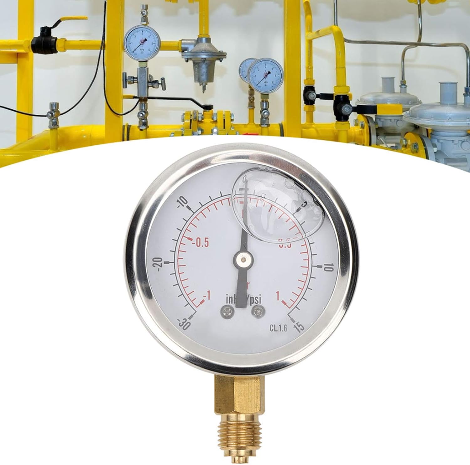 TS - PGGZ60Z4-1bar 1/4BSP Y60 Axial Oil Filled Vacuum Pressure Gauge, Stainless Steel Pressure Measurement Tool with IP65 Rating for Water Oil Air Gas, Home Heating and Mining