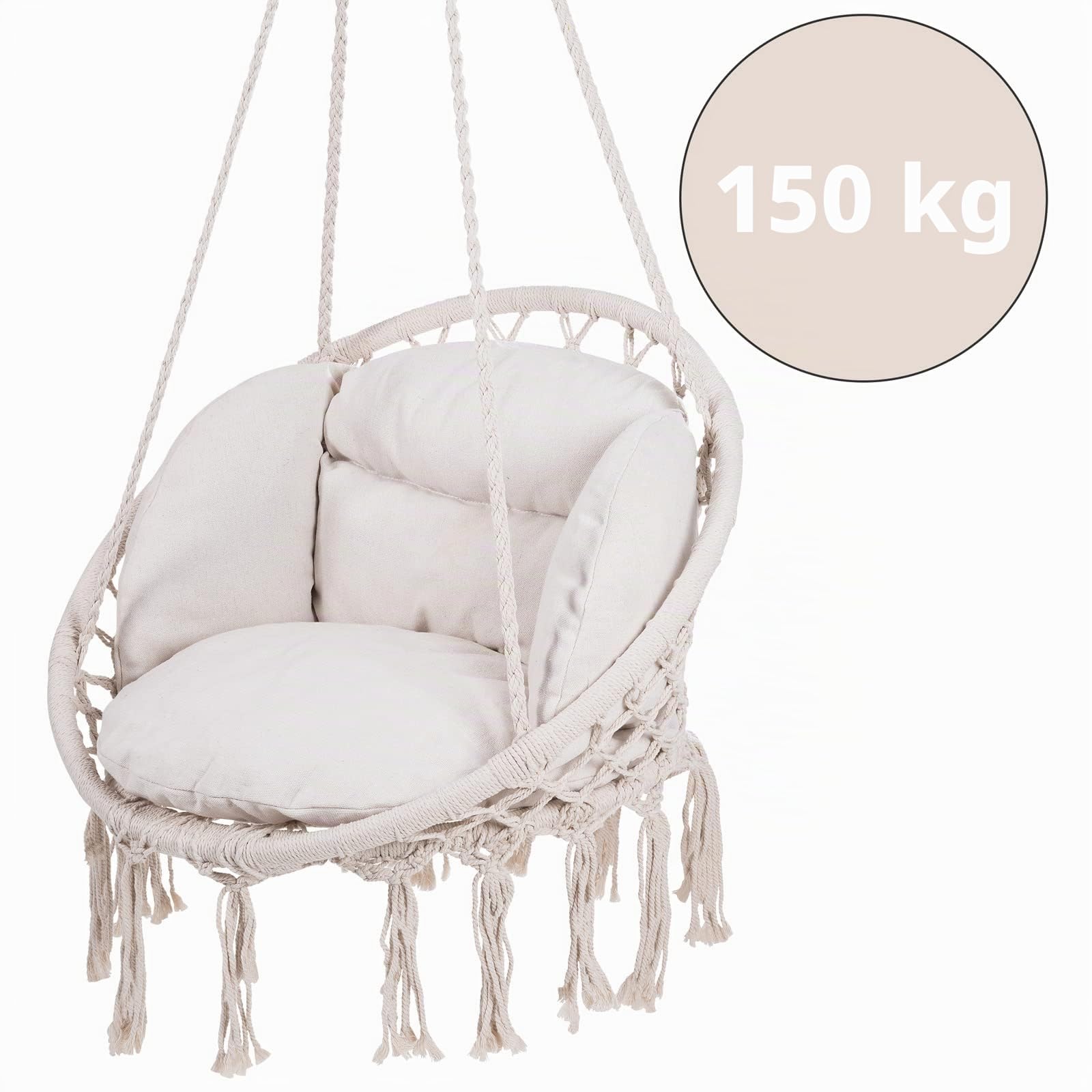 DETEX® Sedia Sospesa 2 Cuscini a Dondolo Max 150 kg Ø 60 Certificato GS cm Resistente per Interni Esterni Design Boho Poltrona da Appendere
