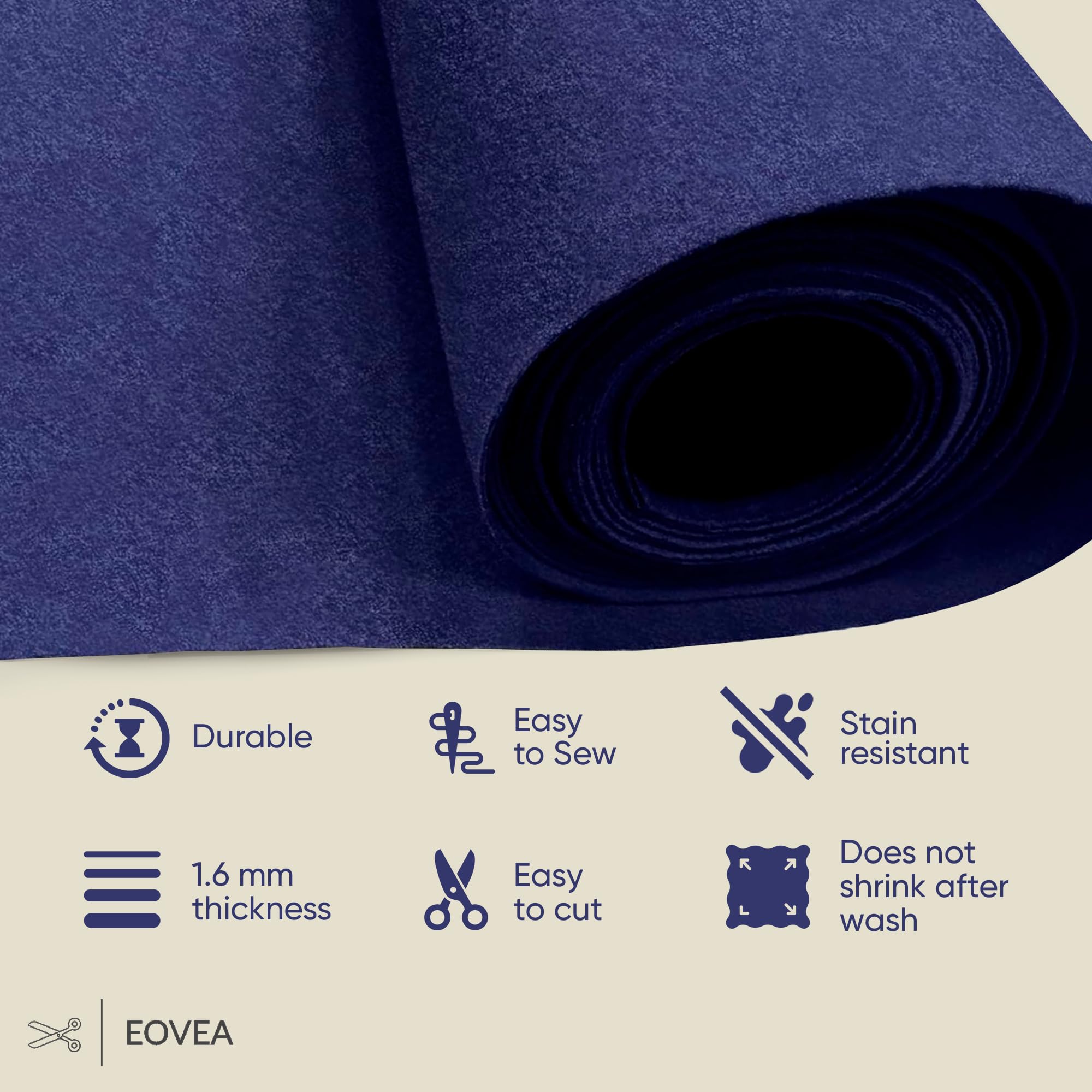 Eovea Tessuto in feltro acrilico al metro, larghezza 182,9 cm, spessore 1,6 mm, morbido feltro non rigido, per fai da te, cucito, patchwork, cuscini e imbottitura (blu navy, 1,8 m)