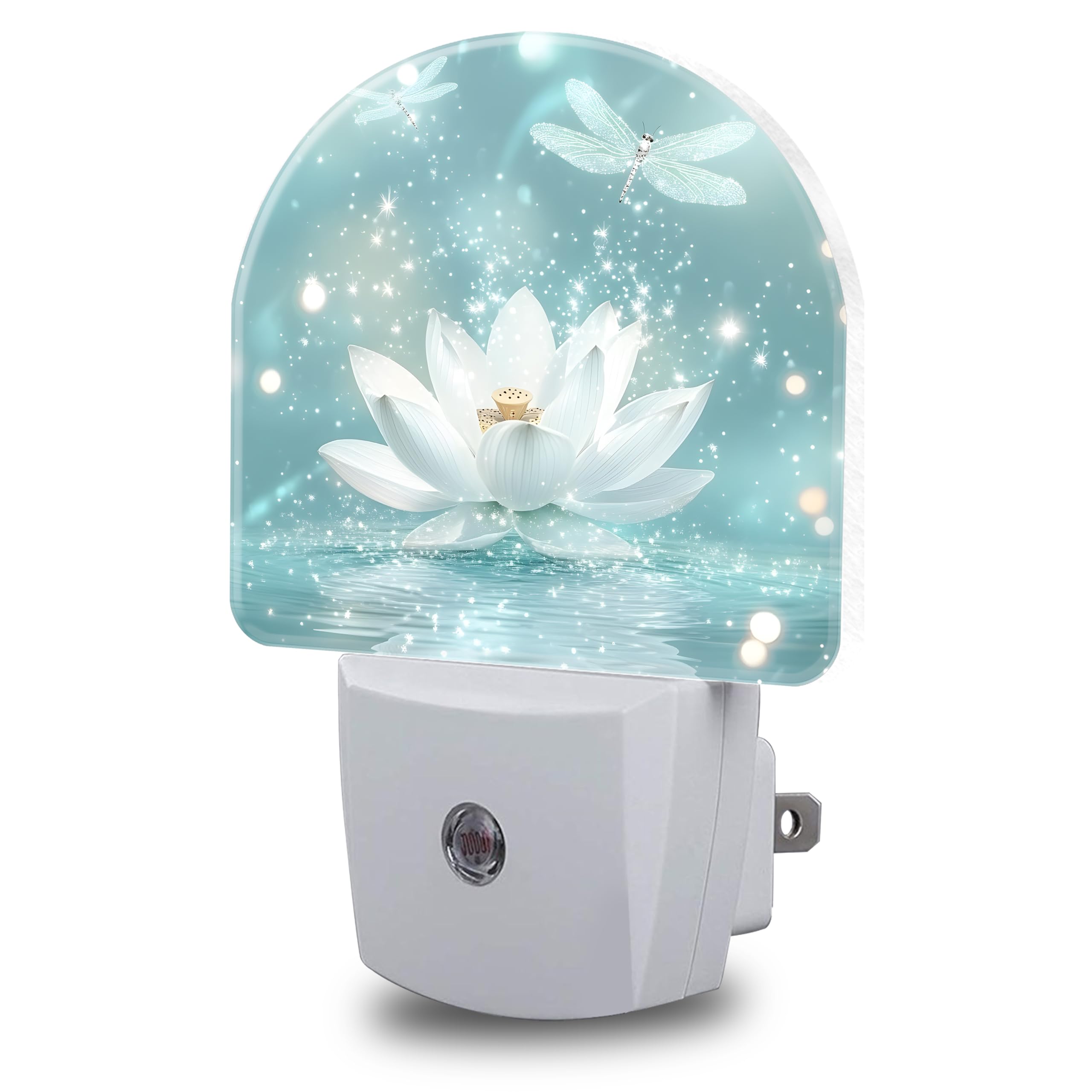 Night Lights Plug into Wall White Lotus and Dragonfly Night Light Dusk to Dawn Smart Sensor Decorative Round Led Lamp for Bedroom Kitchen Hallway Nightlight for Women Men