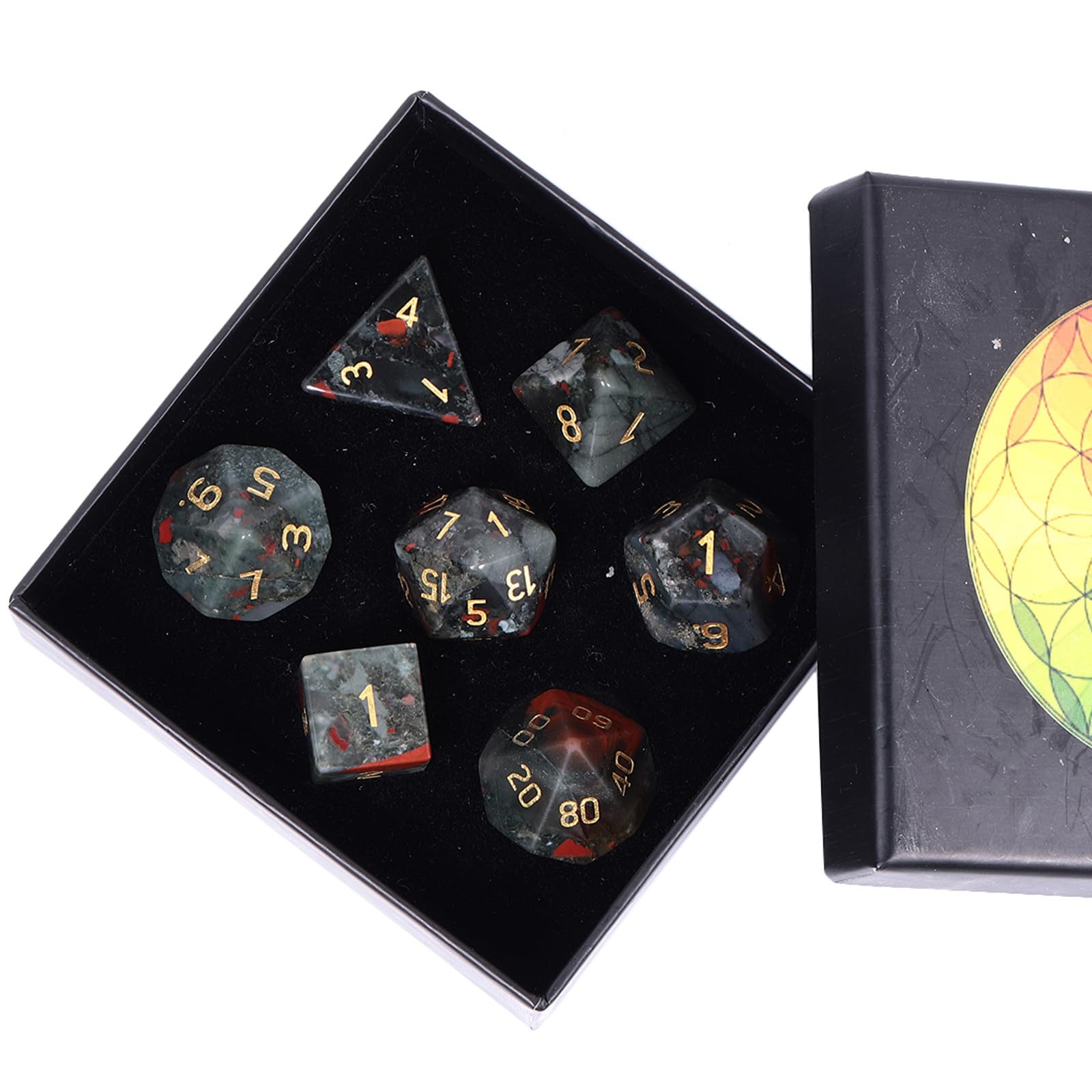 Nupuyai 7pcs Africa Bloodstone Crystal Polyhedral DND Dice Set for RPG MTG Table Games Polished Tumbled Stones Dices with Box for Home Decor