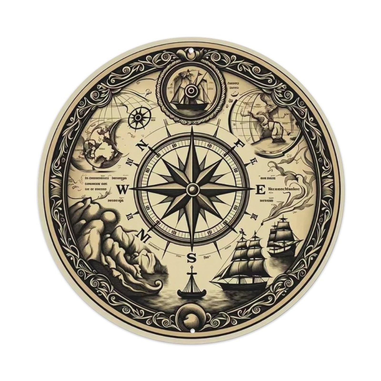 Vintage Nautical Compass World Map Quay Heritage Metal Tin Sign