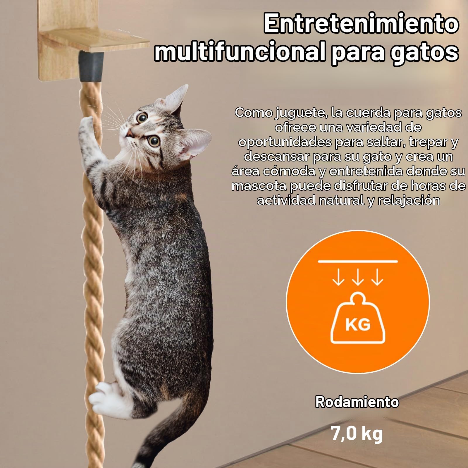 Rascador para Gatos Pared, Cuerda de Escalada de Pared para Gatos con Cojín de Salto para Gato, Estanterías para Gato con Cuerda de Escalada para Rascarse Las Garras, 1.7m