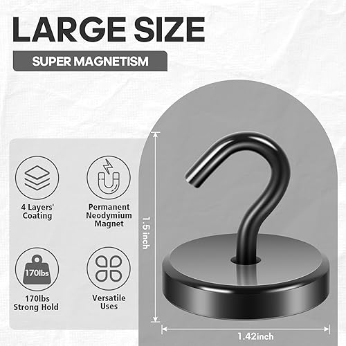 Vista 275 de Neosmuk Ganchos magnéticos resistentes, imanes fuertes con gancho para refrigerador, ganchos industriales súper resistentes de neodimio para colgar