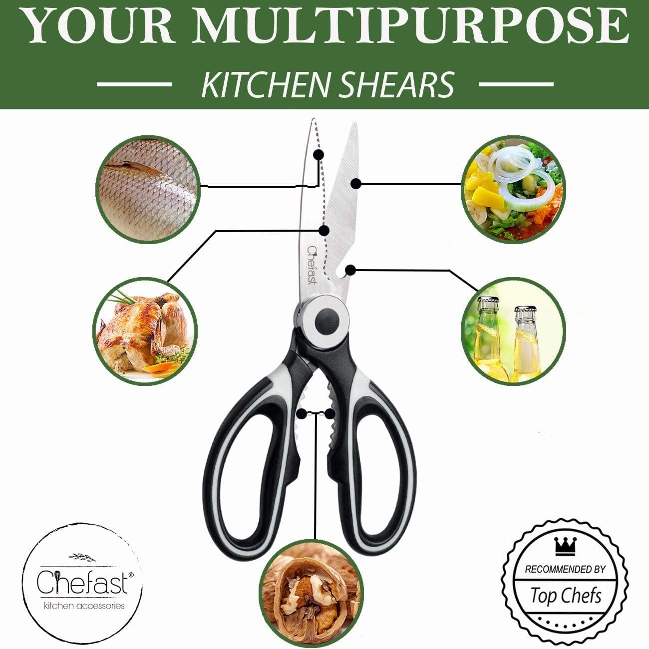 Chefast Heavy Duty Kitchen Shears and Herb Scissors Set - Stainless Steel Food Scissors, 5-Blade Herb Cutter with Cleaning Comb Cover and Two Jute Bags - Great for Meat, Poultry, Garden, and Craft