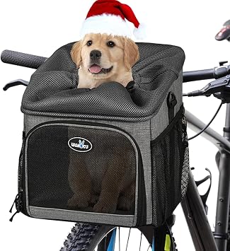 Wakytu Dog Bike Basket Carrier, Pet Bicycle Front Carrier Backpack for Bike Riding Foldable Removable, Reflective Strips, 2 Side Storage Pockets, Pet Travel Bag for Cats Small Dogs