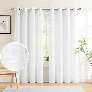 White Sheer Curtains for Living Room 84 inches Long Linen Textured Light Filtering Basic White Semi Sheer Window Curtain Set for Bedroom Office Wrinkle Free 54”w 2 Panels Grommet Top