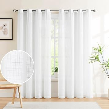 Semi-Sheer White Curtain Panels for Living Room 96 inches Long Wrinkle Free Linen Textured Look Farmhouse Window Treatment Set for Bedroom Privacy Not See Through 54w 1 Pair Grommet Top
