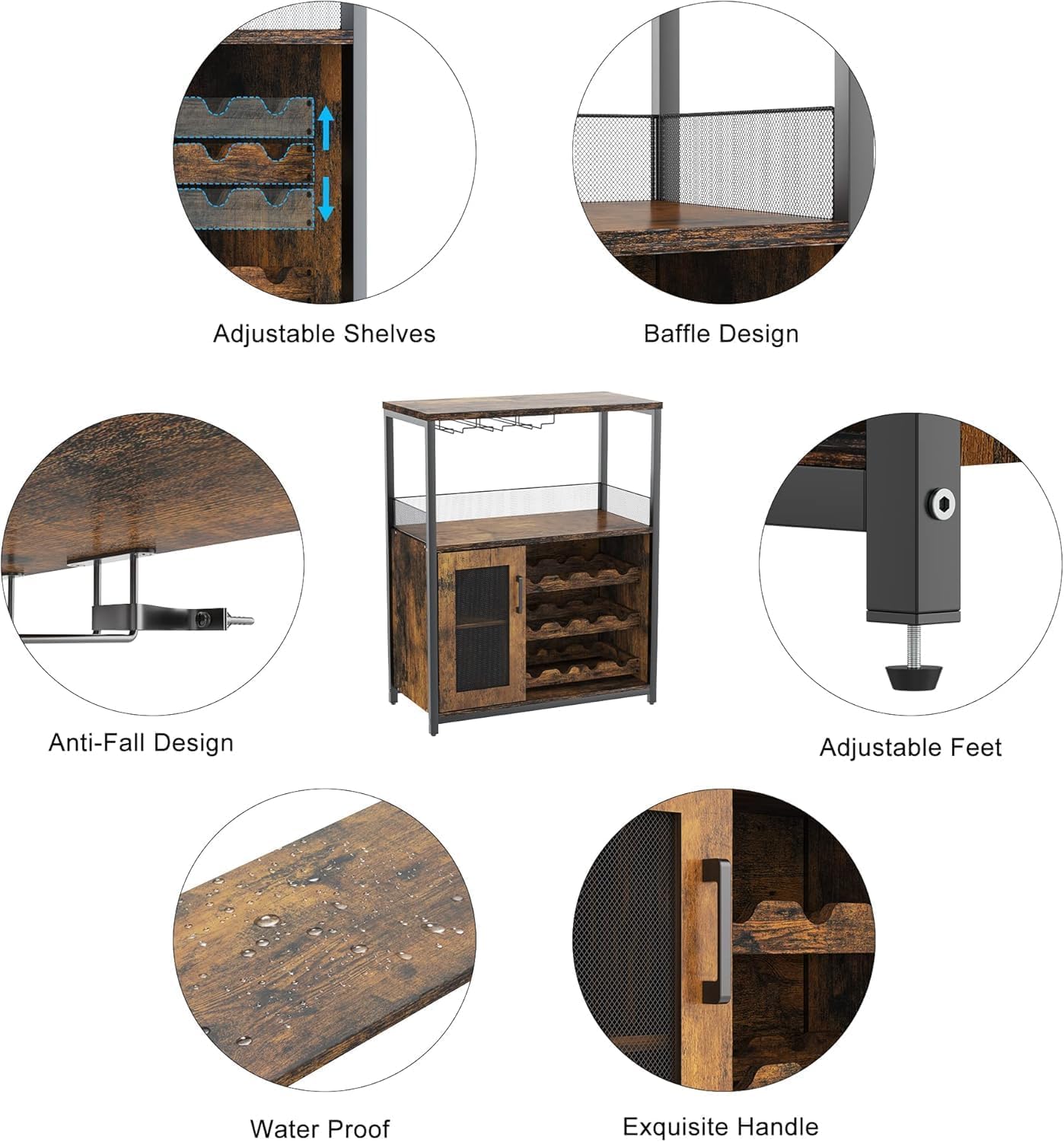 Litake Industrial Weinschrank und verstellbaren Einlegeböden, Kaffeebar-Schrank mit Gittertür und Lamellendesign, 91cm hoher Kleiner Bar-Schrank für zu Hause Küche Esszimmer Vintage Farbe