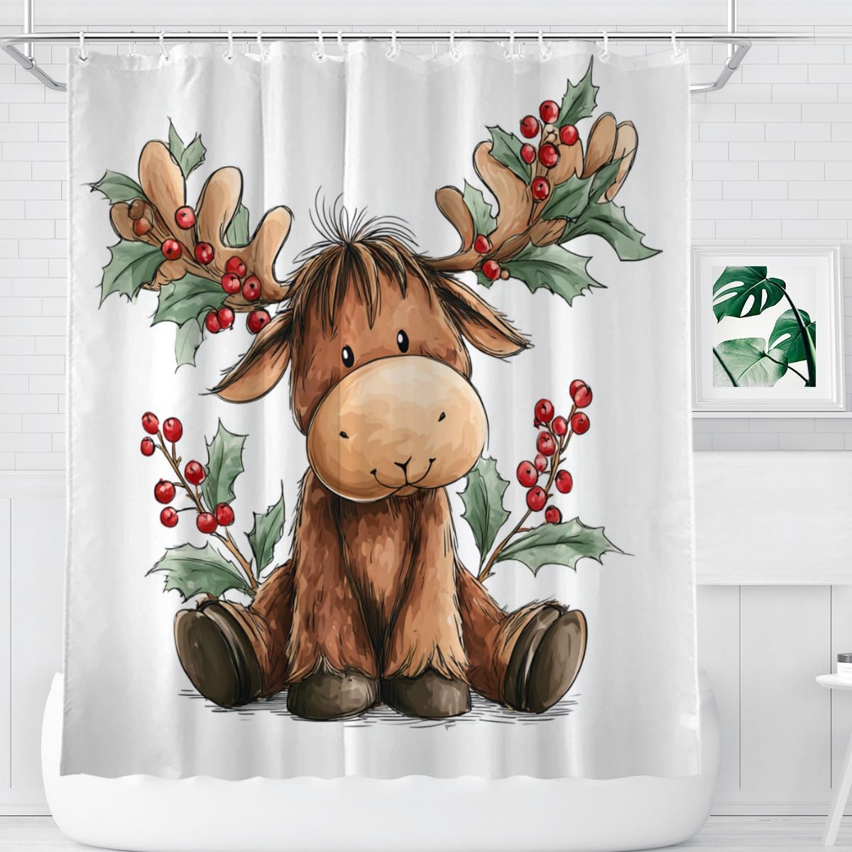 Moose Shower Curtain Christmas with Holly Leaves and Berries 72x72 Inch 12 Hooks Home Hotel Bathroom Decoration