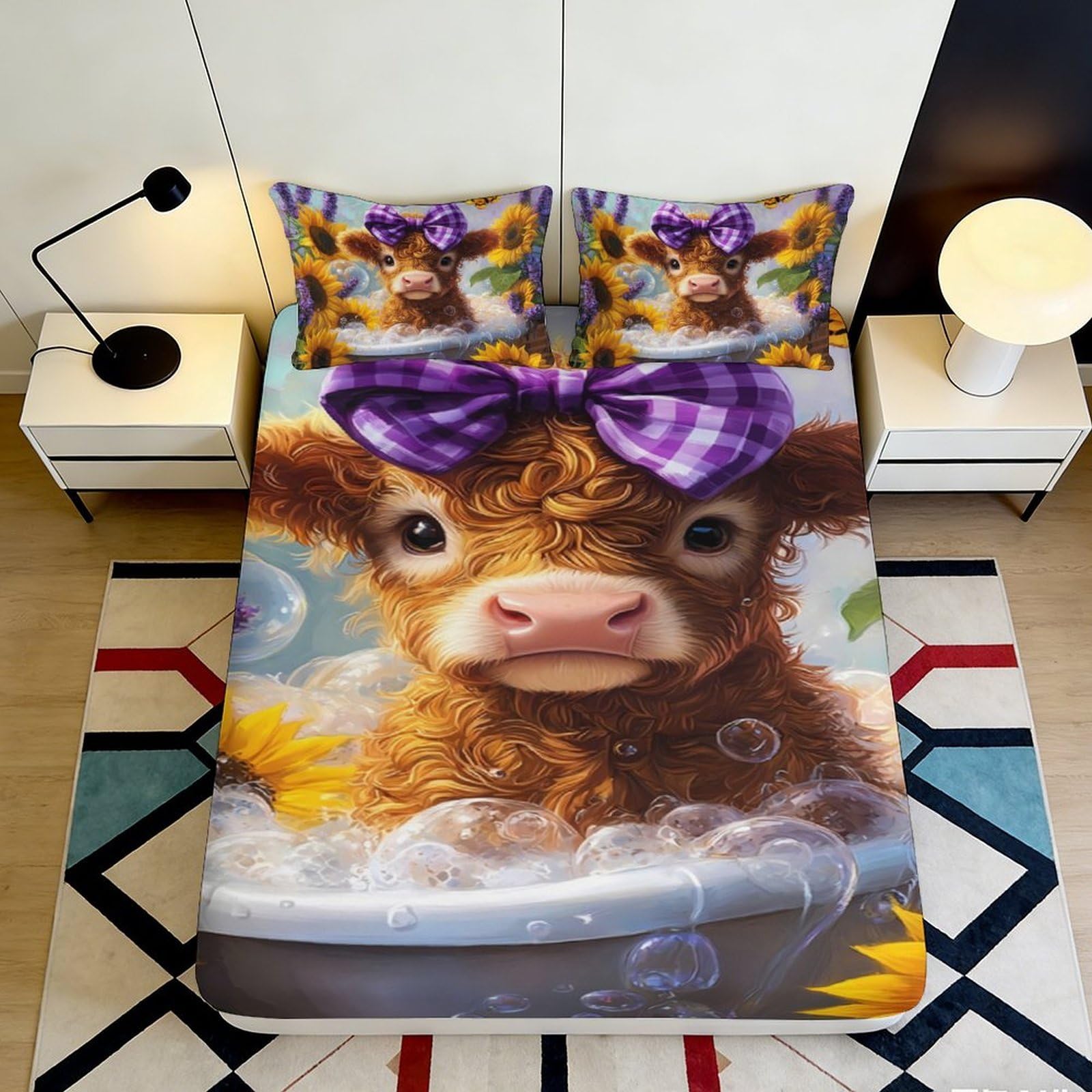 Pnayamiorkfel Style-9 3D Printed Cute Highland Cow Fitted Sheet Microfiber Cartoon Sunflower Bed Cover For Bedroom Dorm Protection Decor 90X200x25cm