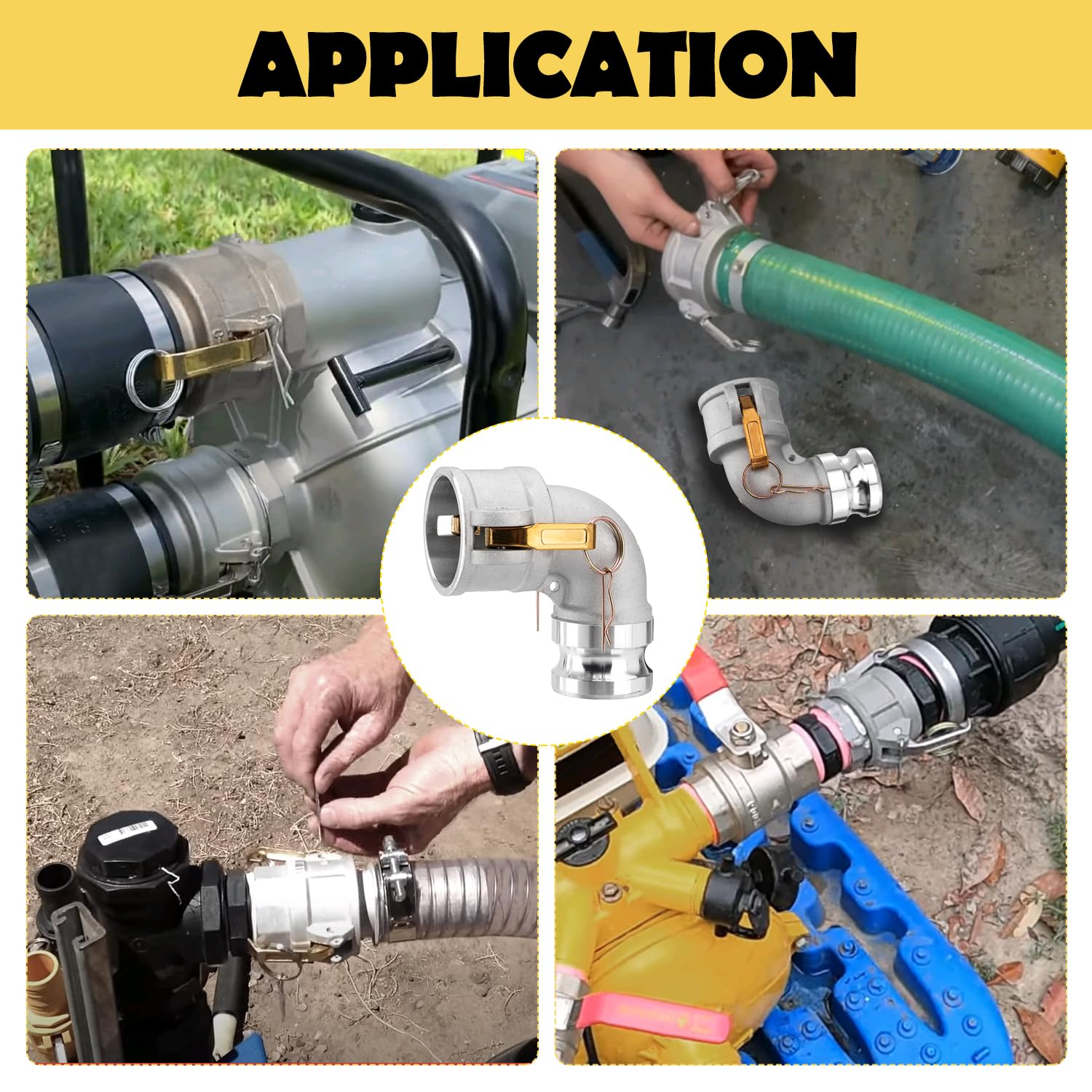 Acoplamiento de manguera de leva y ranura tipo DA, codo de 90 grados, Camlock hembra de 2 pulgadas x Camlock macho de 2 pulgadas, 250 PSI, material de aluminio, DA2020