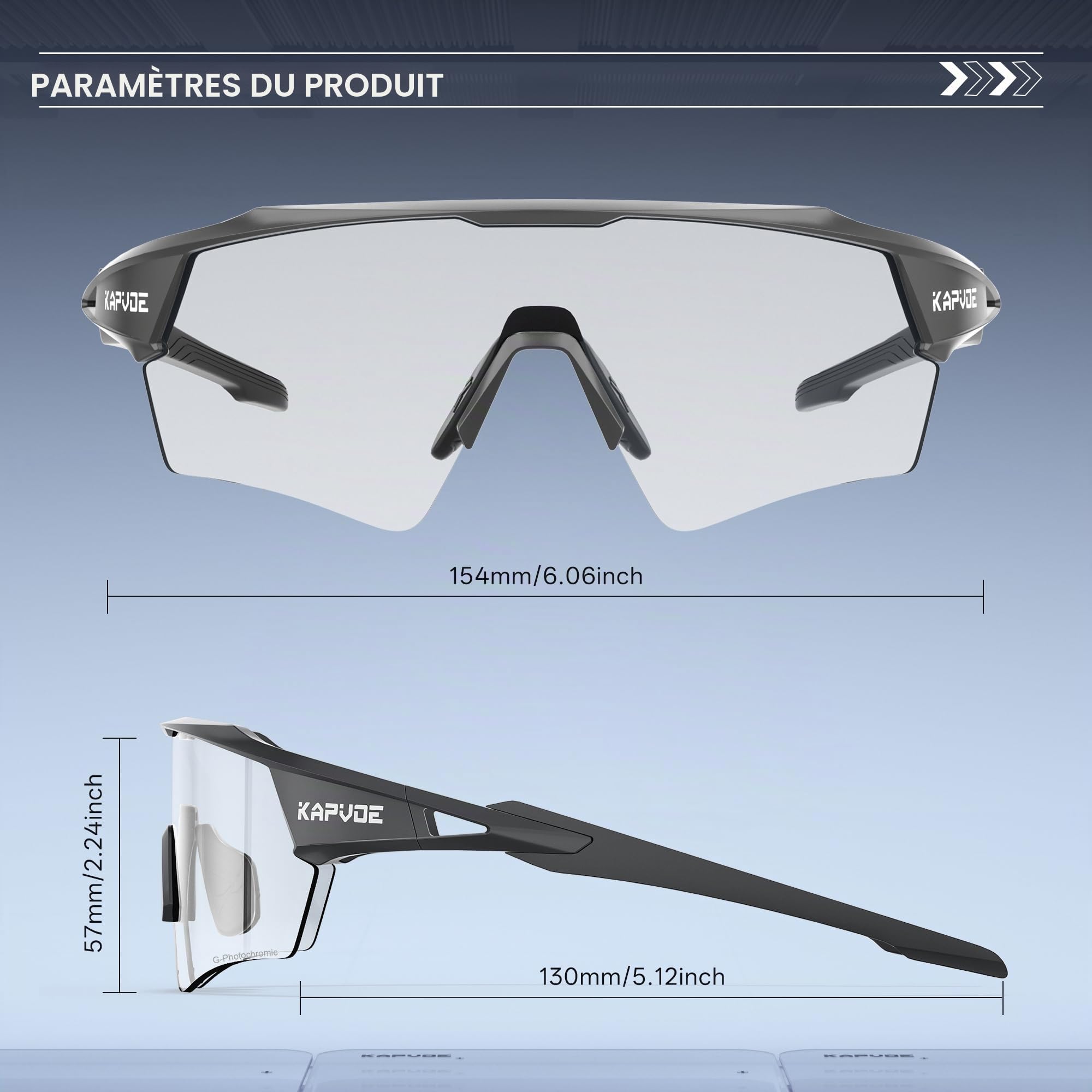 KAPVOE Lunettes de Cyclisme Photochromiques UV400 TR90 Homme Femme K198 | Transition photochromique, UV400, semi-cerclé, branches à âme métallique