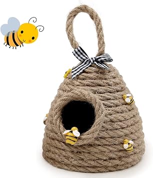 US Beehive Decor Jute Hanging Bee Tiered Tray Decor Cute Handmade Honeycomb Decoration Bee Themed Party Ornament for Farmhouse Country Kitchen Bookshelf Garden