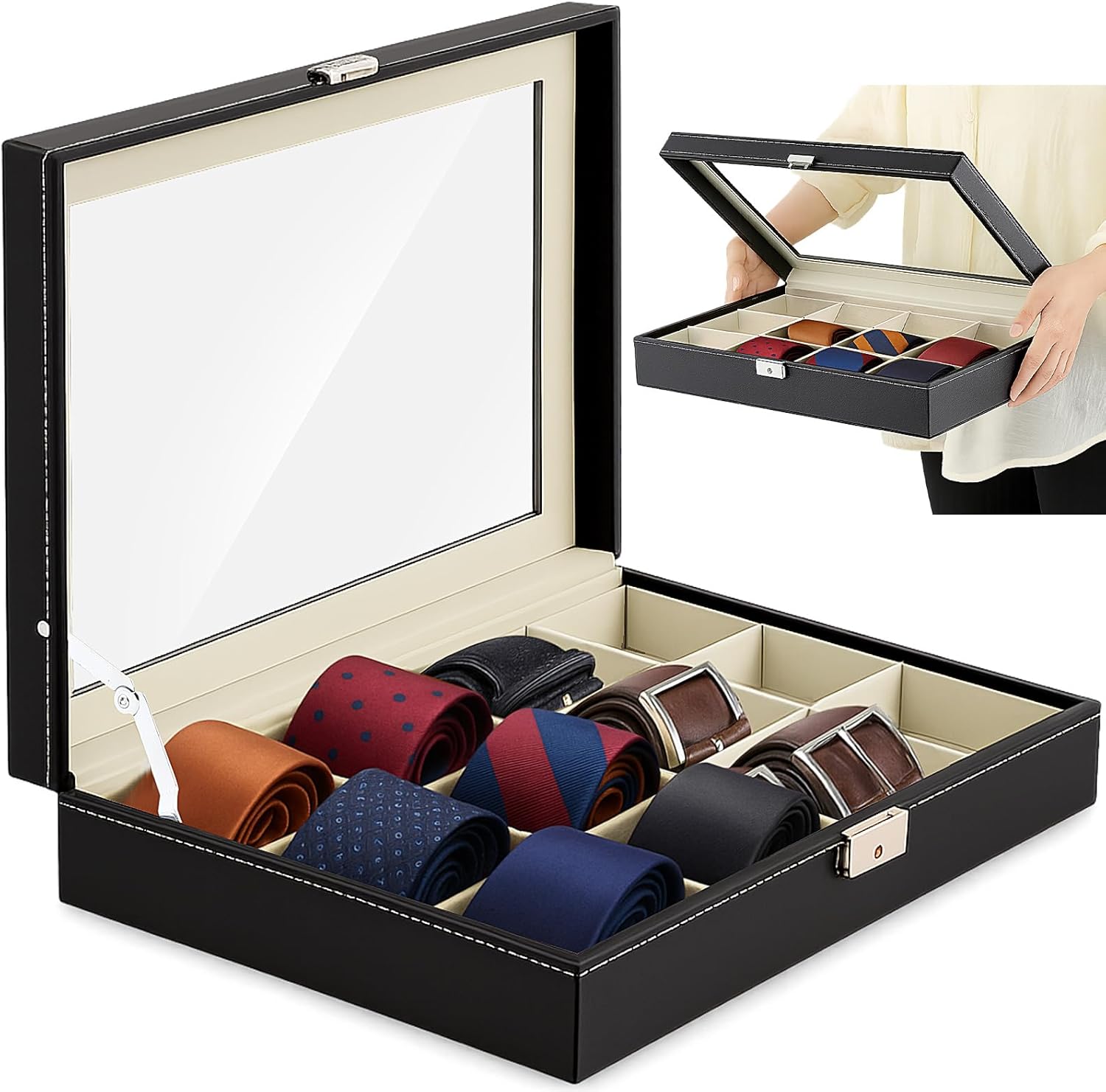 AceOrbit Luxury Tie Display Case with Glass Lid – 12 Slot Organizer for Men's Ties, Belts & Accessories, Lockable Dresser Storage Box, Elegant Gift for Husband or Father