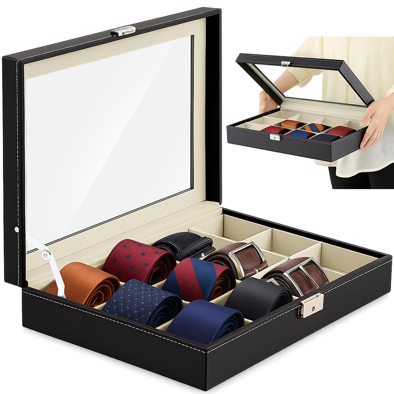 Photo 1 of AceOrbit Luxury Tie Display Case with Glass Lid – 12 Slot Organizer for Men's Ties & Accessories, Lockable Dresser Storage Box, Elegant Gift for Fathers Day