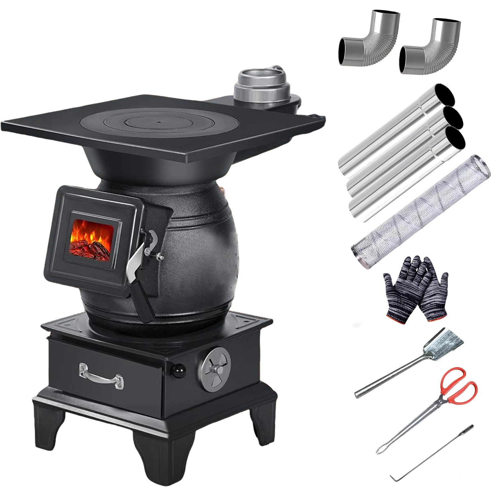 Estufas d Leña de Hierro Dúctil, Estufa Leña Interior, Puerto de Carga de Combustible Visible, Incluye Chimenea y Accesorios, Utiliza Tanto Leña Como Carbón(37 * 37 * 57cm/14 * 14 * 22in)