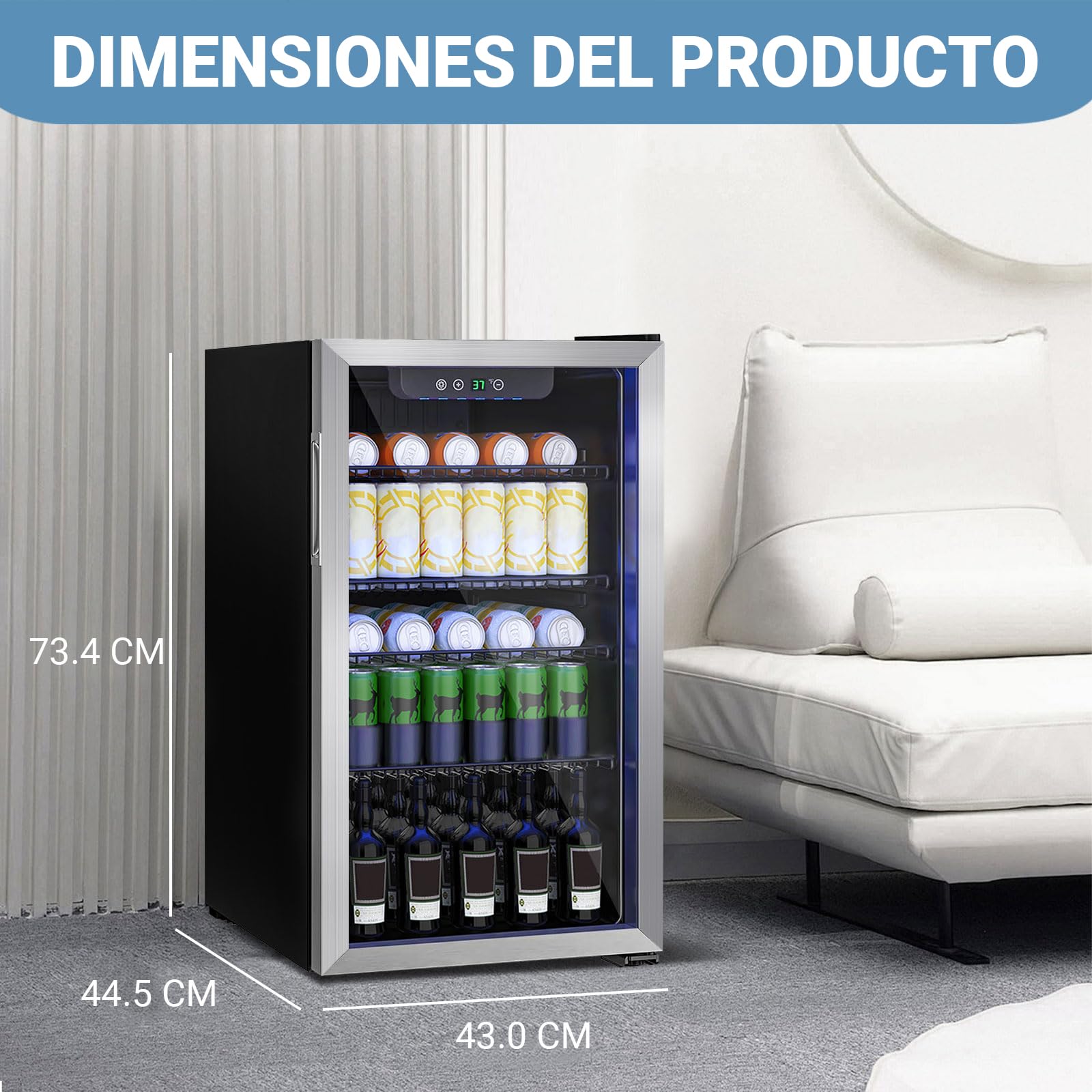 Mini refrigerador de 80L, refrigerador independiente para bebidas con capacidad para 115 latas puerta de transparante para, refrigerador pequeño con estantes ajustables (plateado)