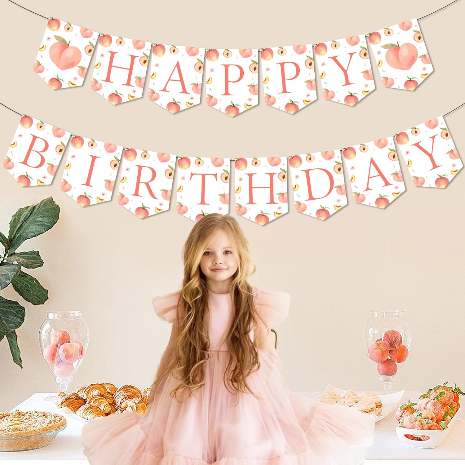 Peach Happy Birthday Banner for Girl, Peach Themed Birthday Bunting Banner, Sweet as a Peach Birthday Party Decorations, Cake Smash Photo Props Backdrop