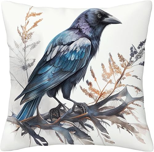 Yioniii Crow Sitting in a Branch, almohada decorativa cuadrada impresa para sofá, silla, sofá cama, 18 x 18 pulgadas, azul