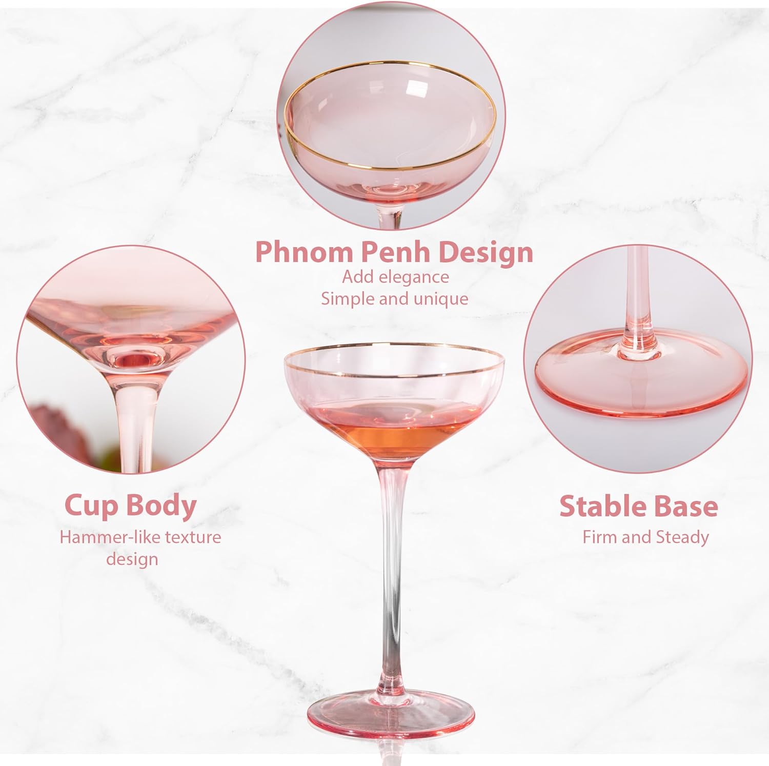 pink champagne martini glasses 5 OZ Champagne Coupe Glasses Classic Cocktail Glassware Gilded Dessert Cup Creative Unique Set of 2 - Image 3
