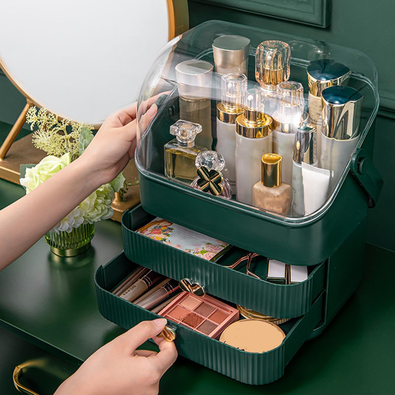 Duży organizer do makijażu na blat roboczy, pojemnik na perfumy i pędzle | Wodoodporny pyłoszczelny organizer do makijażu z przezroczystą pokrywką na blat roboczy na komodę, biuro, łazienkę, kuchnię