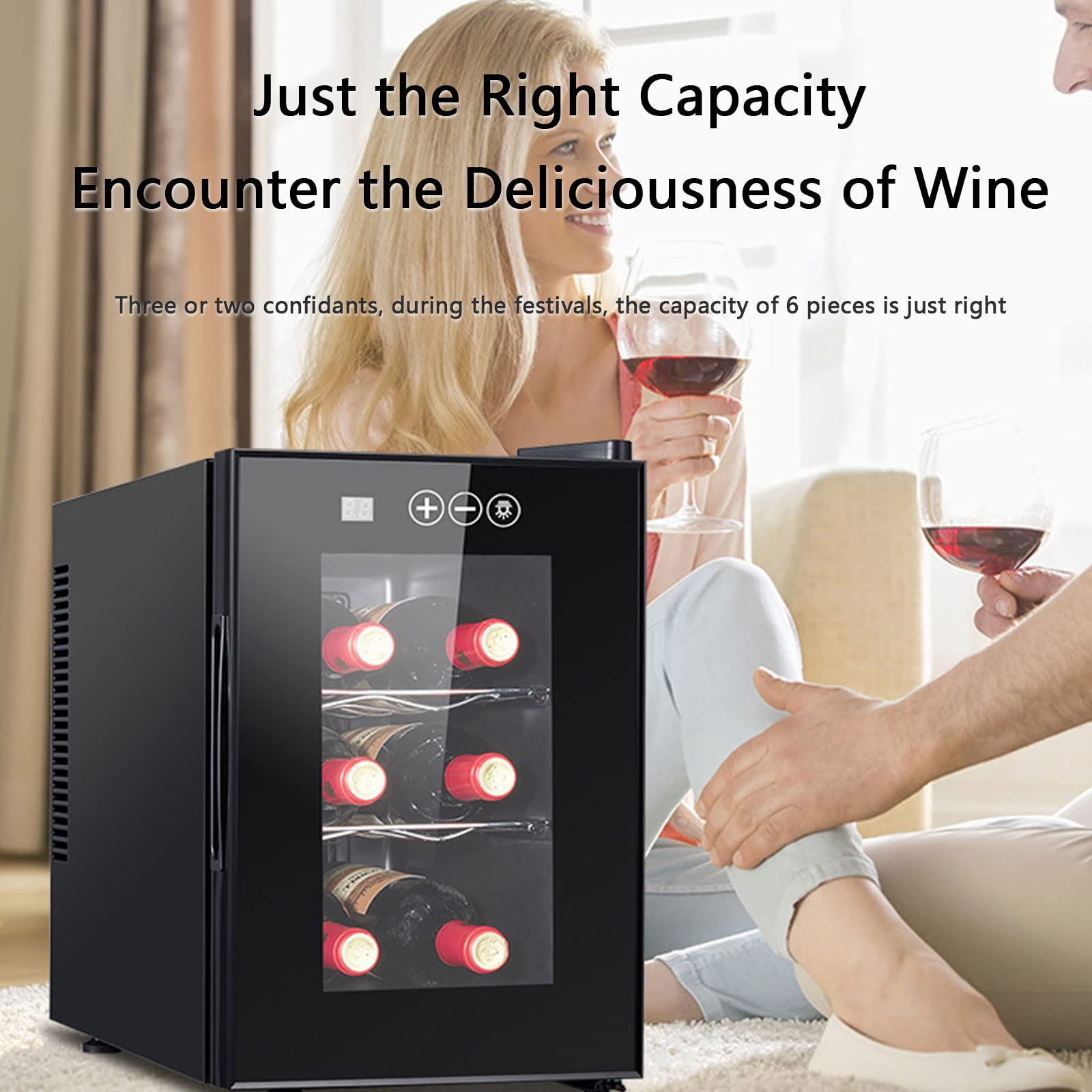 Vinoteca - Vinoteca Con Puerta De Cristal Y Panel De Control Táctil, Temperatura: 8-18 °C, Protección Uv, Bajo Nivel De Ruido: 26 Db, Iluminación Led, Capacidad: 16 Litros/6 Botellas, Color: Negro