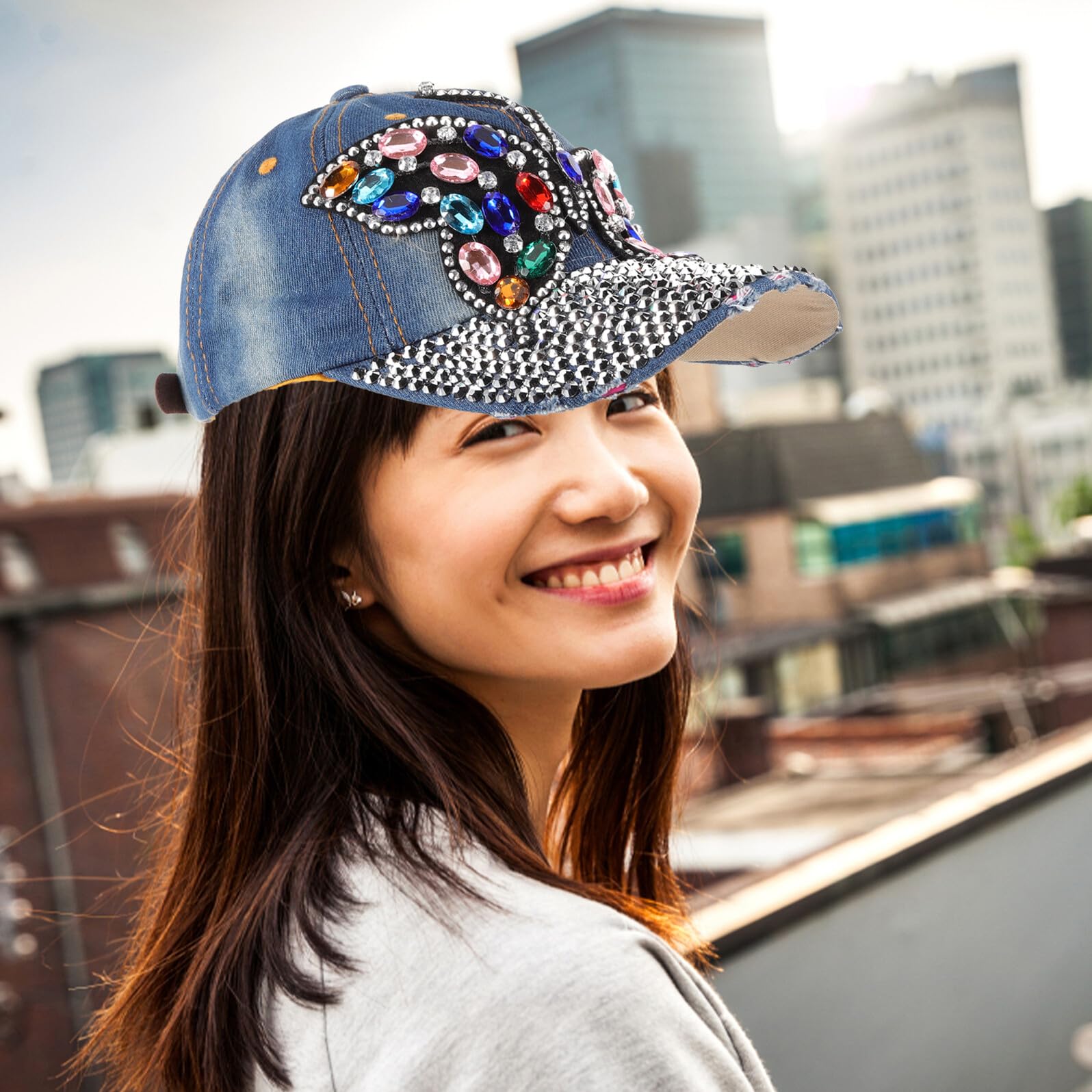 Gatuida Sombrero con Adornos de Piedras para Mujer Gorras de Béisbol Decorativas Protección Solar para Uso Exterior y Eventos de Verano
