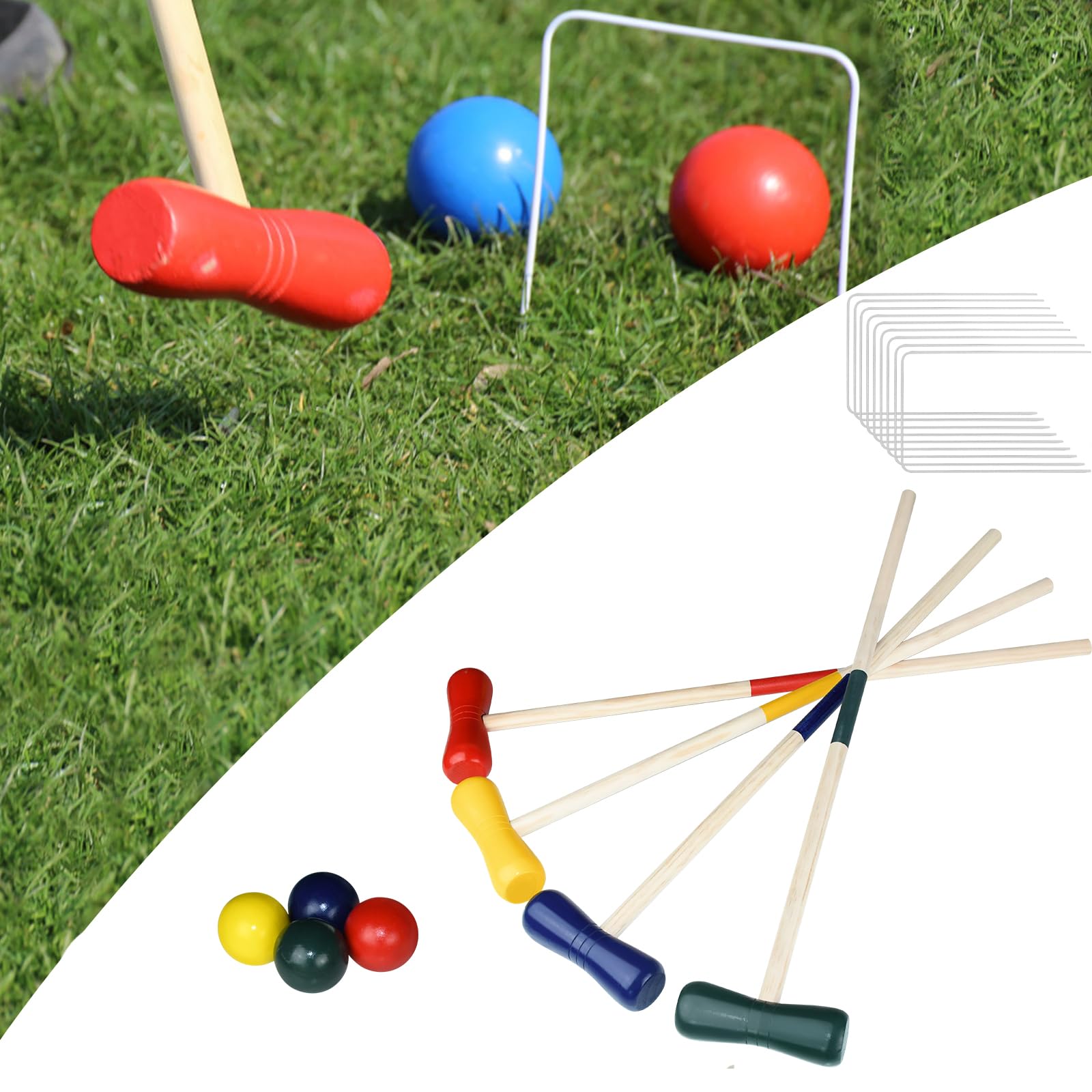 FIVMEN Croquet zestaw do gry w krokieta, drewniany crocket dla 4 graczy, do zabawy w kratkę, gry na świeżym powietrzu, dla dorosłych i dzieci