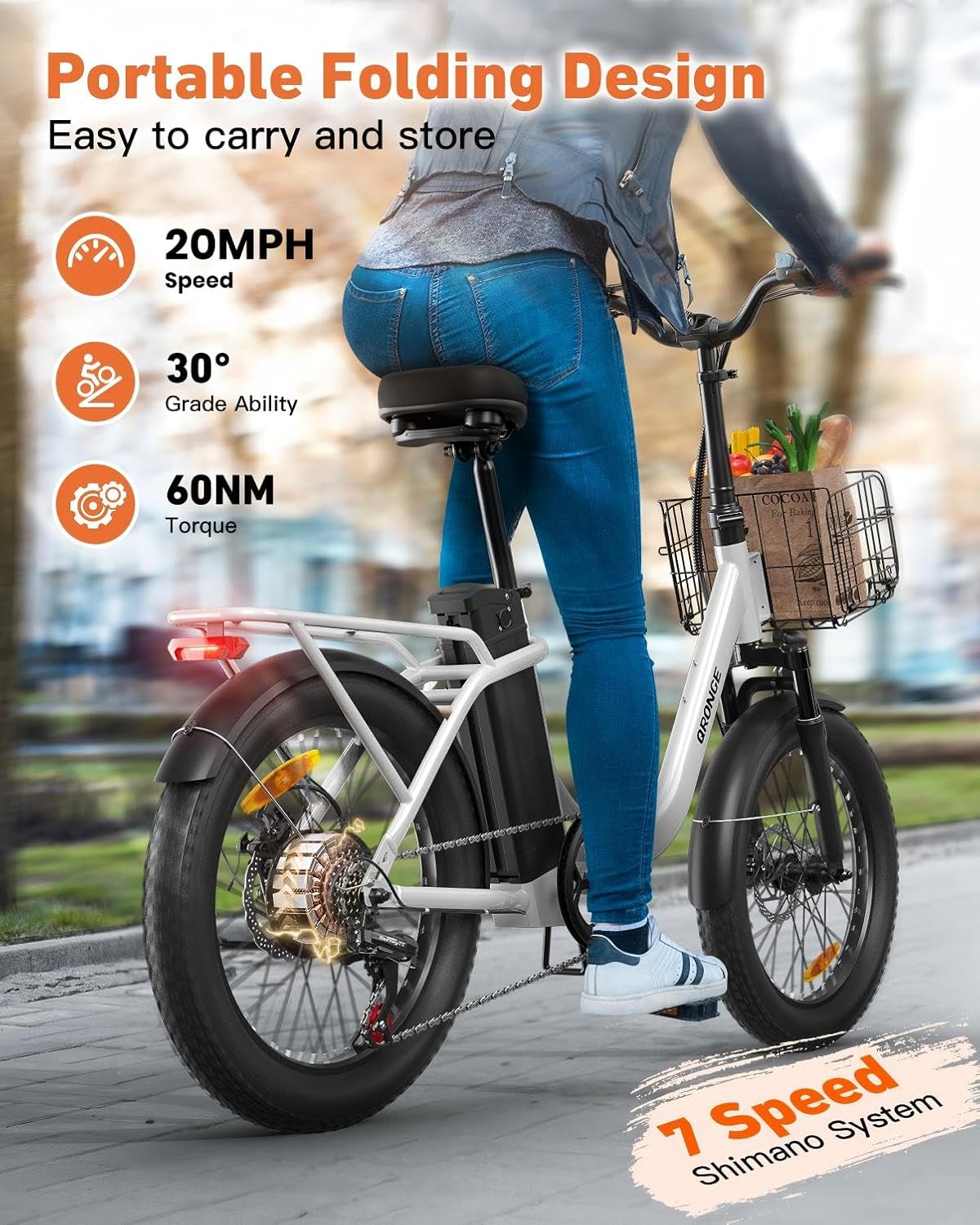 QRONGE Electric Bike, Powerful Motor Folding Electric Bike, 70 Miles Range Ebike, Waterproof Removable Battery, 7 Speed, 25 MPH Max, 20" Step-Thru Bicycle with Front Basket