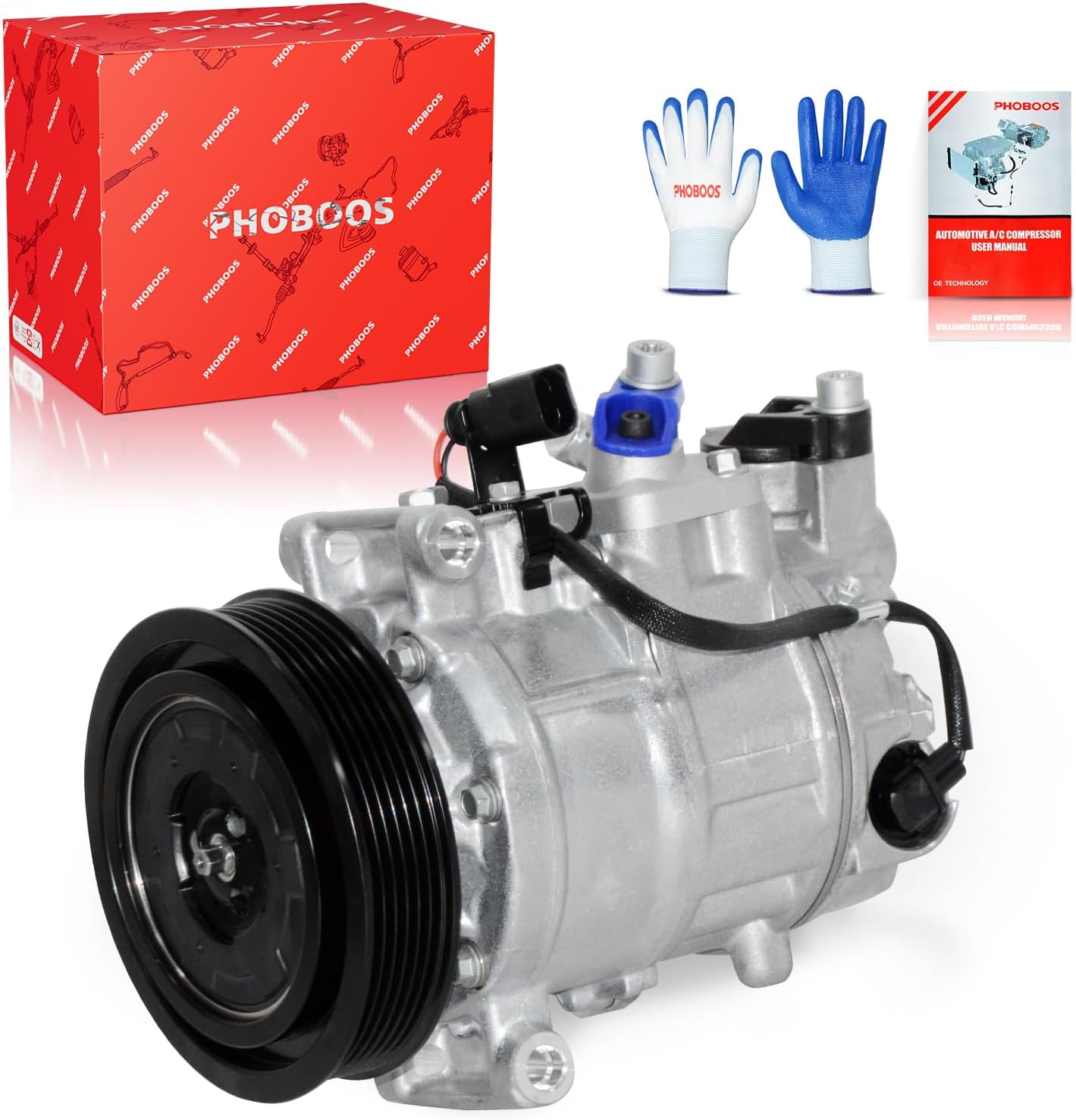 PHOBOOS A/C Compressor with Clutch Compatible with Audi A6 2006-2011, A6 Quattro, Q5 2009-2012, S4 S5, 2010-2012, V6 3.0L/3.2L, Fast Cooling, Low Noise, Easy Installation, Ref. 98390