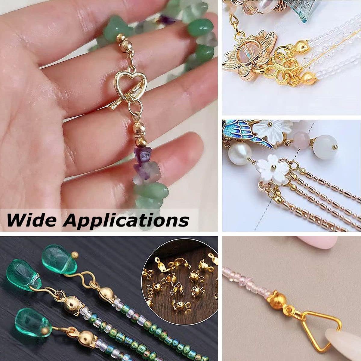 1500 Pieces Beads Tips Knot Covers Clamshell Crimp Tips Beads Set Calotte Ends Knot Covers Fold-Over Bead Covers for Jewelry Making DIY Bracelet Necklaces(Gold) - Image 5