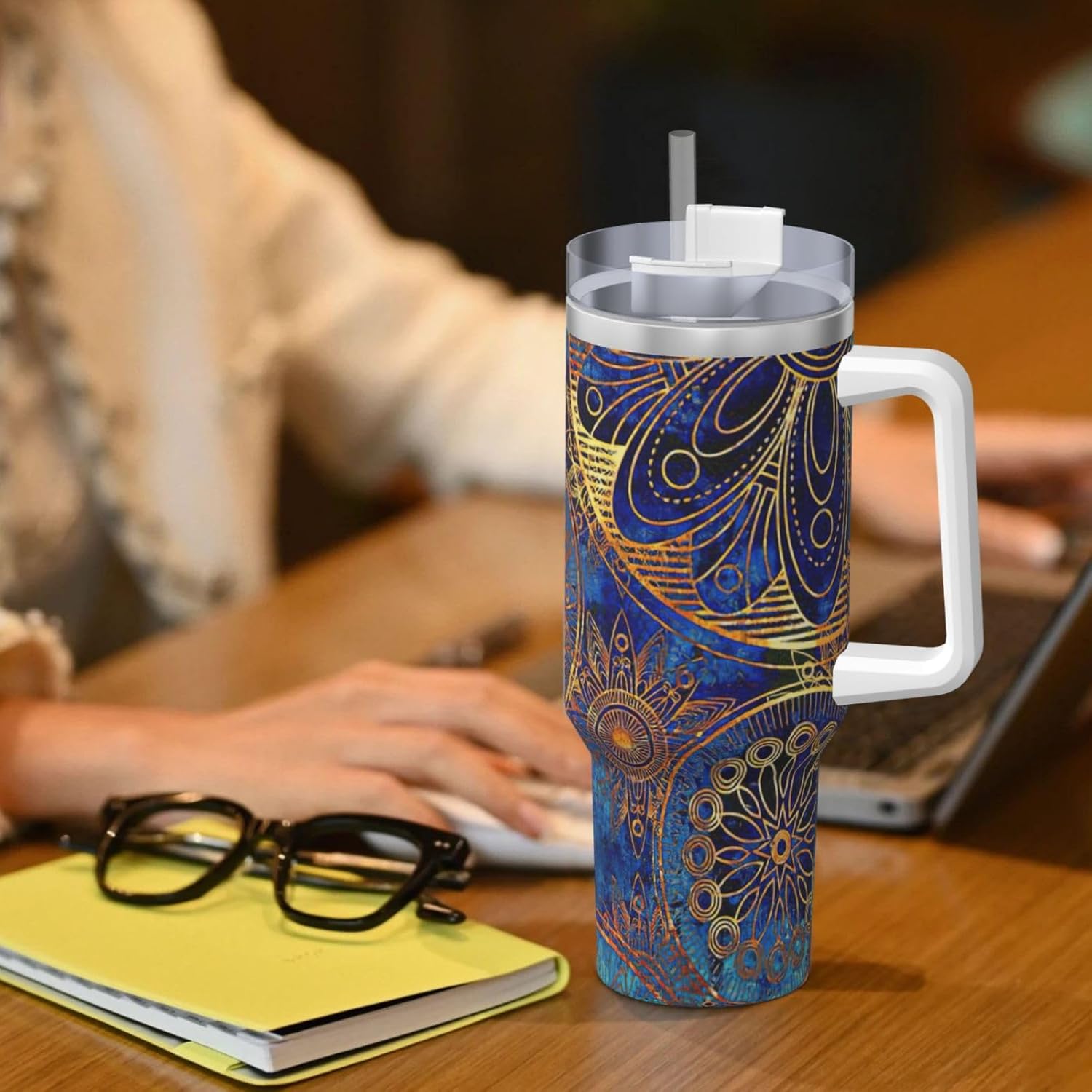 40 OZ Starry Sky Mandala Print Ice Bully Cup with Handle Straw Lid Straw,Stainless Steel Tumbler Coffee Cup