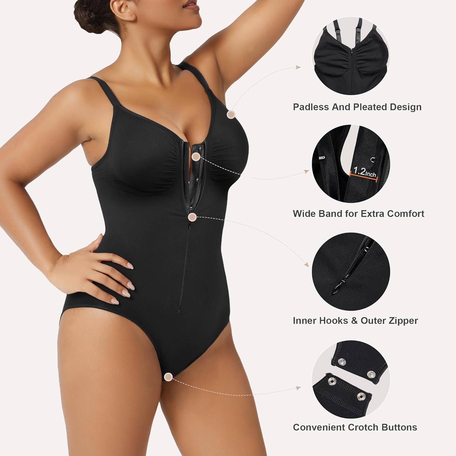 SHAPERX Women's Shapewear Bodysuit Tummy Control Seamless Zip-Up Body Shaper Waist Snatched Body Suit - Image 5