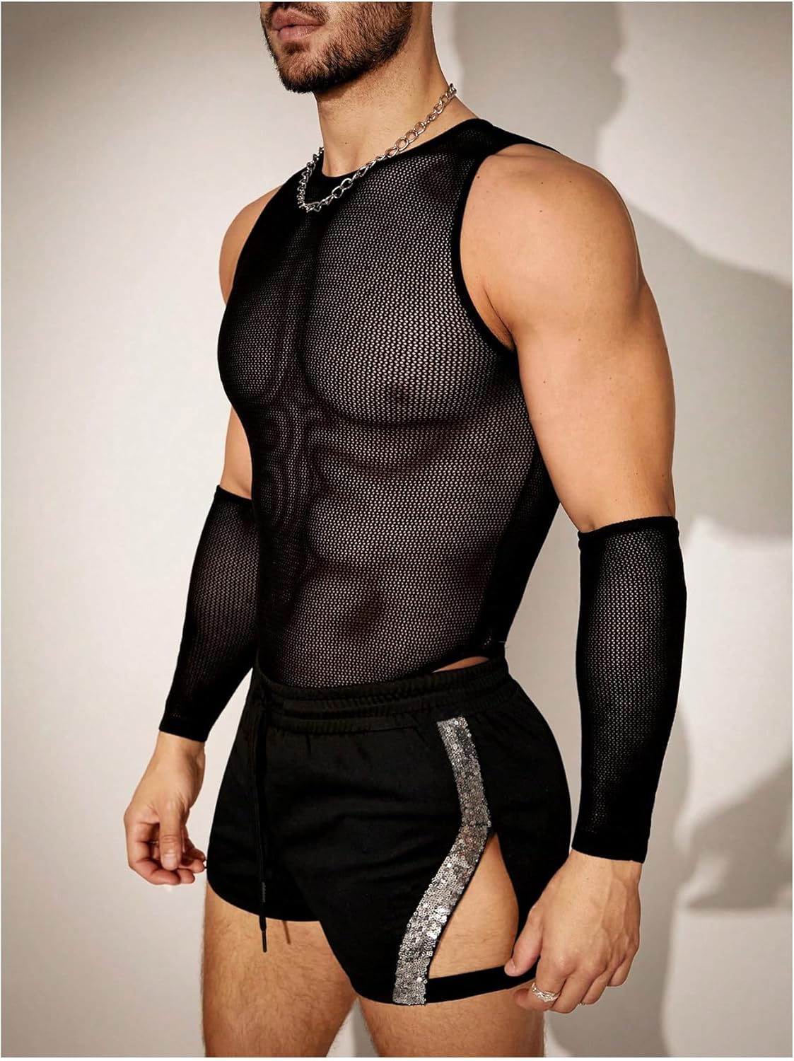 WDIRARA Men's Sequins Glitter Cut Out Drawstring Waist Shorts Party Club Shorts - Image 5