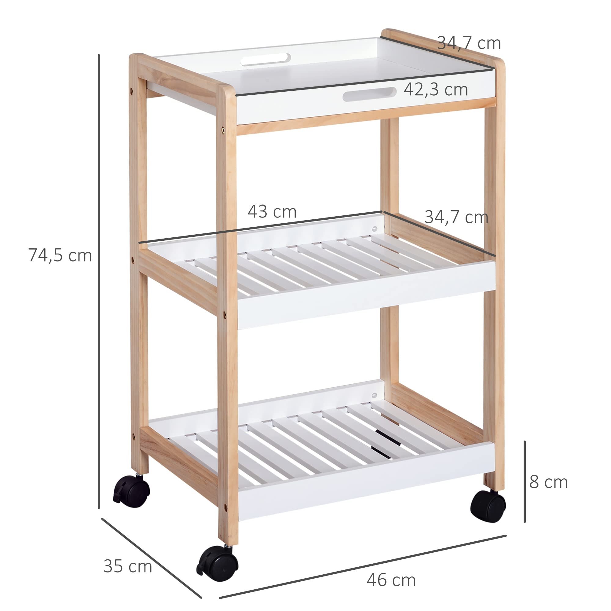 HOMCOM Chariot de Service Desserte de Cuisine à roulettes 2 Étagères Blanc | Plateau Amovible, Bois de Pin, MDF
