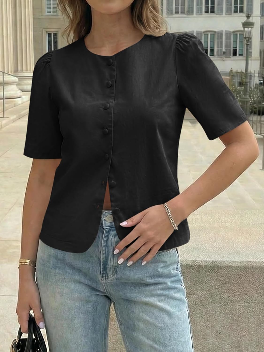 Cicy Bell Womens Short Puff Sleeve Button Down Shirts Dressy Casual Blouses Summer Round Neck Cotton Tops