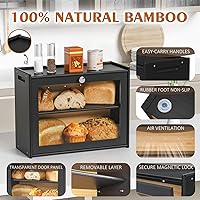 Vista 4 de Panera para encimera de cocina, almacenamiento de pan de bambú de doble capa de gran capacidad con puerta transparente, caja de pan fácil de Negro