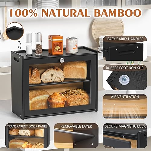 Miniatura 4 de Panera para encimera de cocina, contenedor de pan grande de doble capa con puerta transparente, almacenamiento de pan montado fácil de transportar y