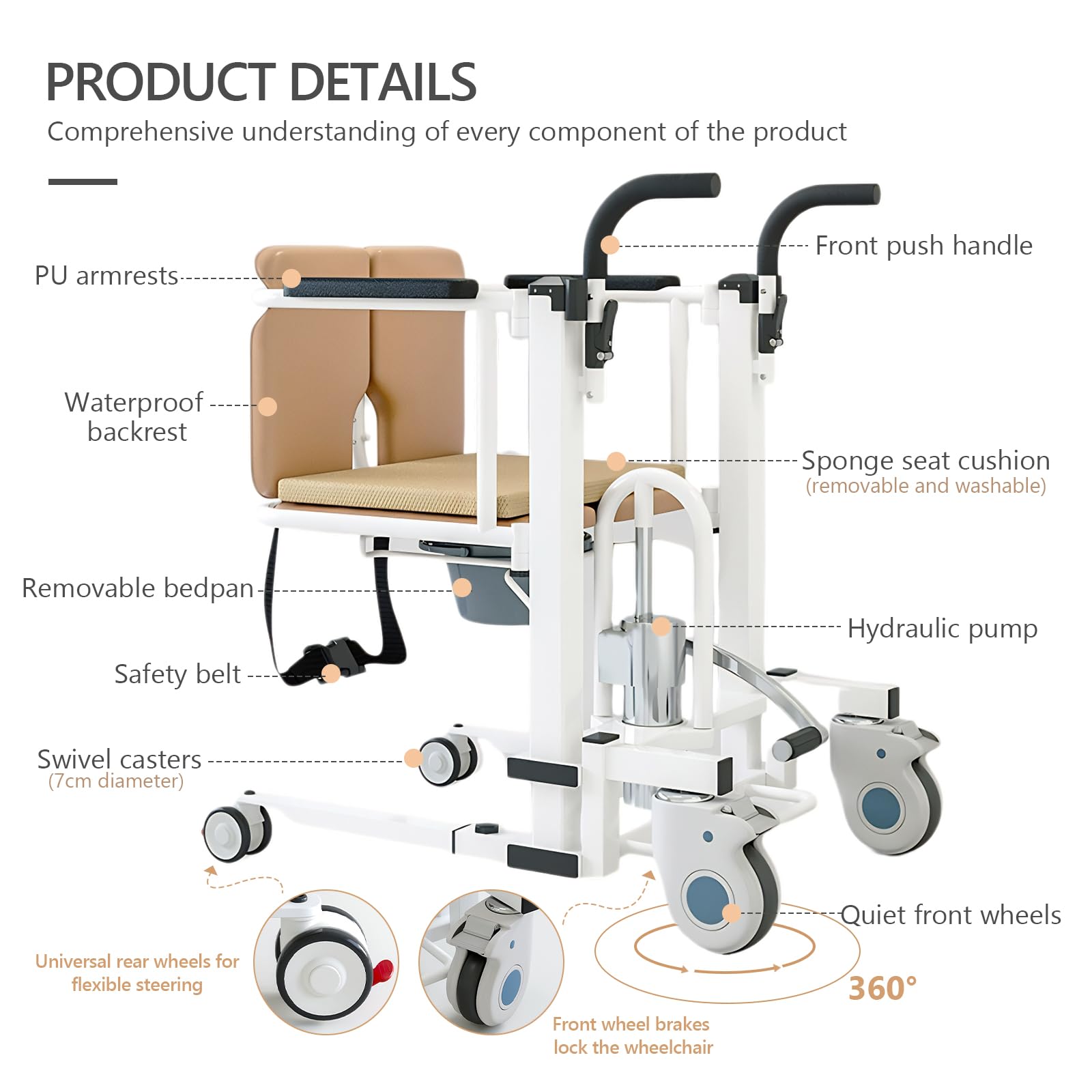 Elevador hidráulico de transferencia de pacientes para asistencia de movilidad en el hogar, dispositivo multifuncional para silla de ruedas para personas mayores y postradas en cama