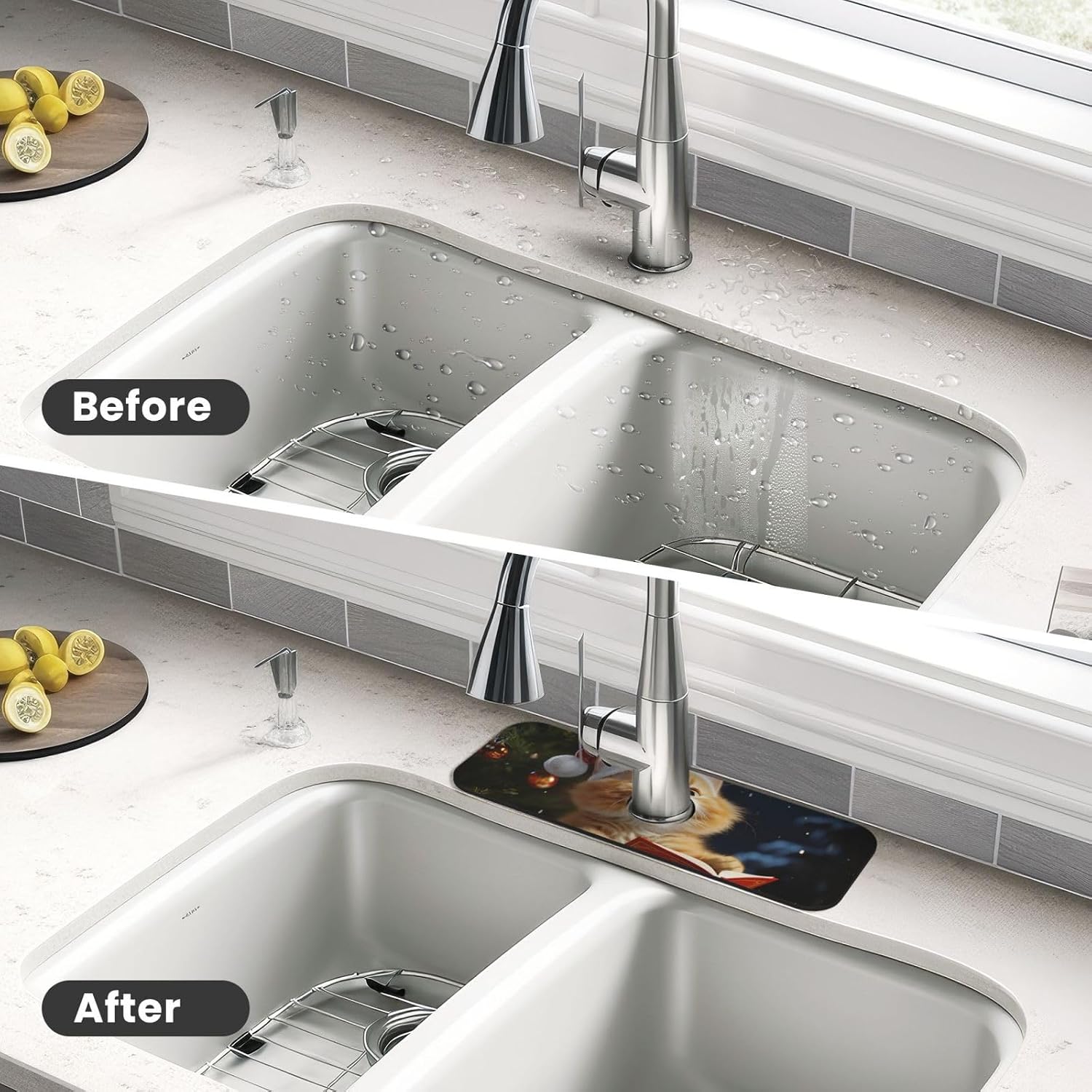 Faucet Mat for Kitchen Sink, Super Absorbent Sink Splash Guard, Fast Drying Mat Cute Cat Sing Christmas Carols Sink Gadgets Splash Guard Behind Faucet Drip Catcher for Bathroom, 15"x 5.5" image 4