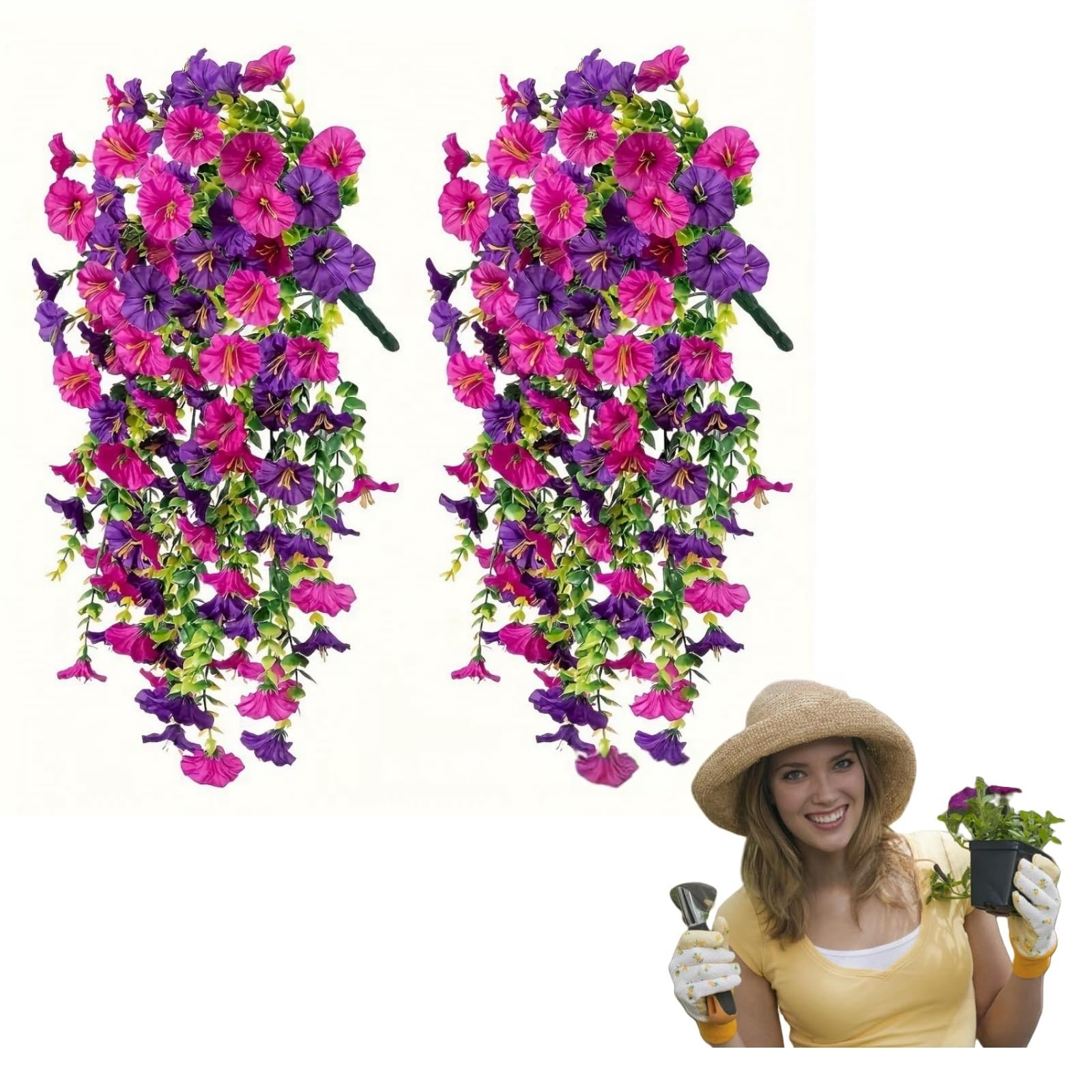 Ryfpdml 2Pcs Artificial Hanging Flowers Outdoor, Fake Trailing Plants Morning Glory Decoration Artificial Fake Silk Hanging Plants Basket Spring Decor Garden Porch Wedding for Pots Patio All (F)