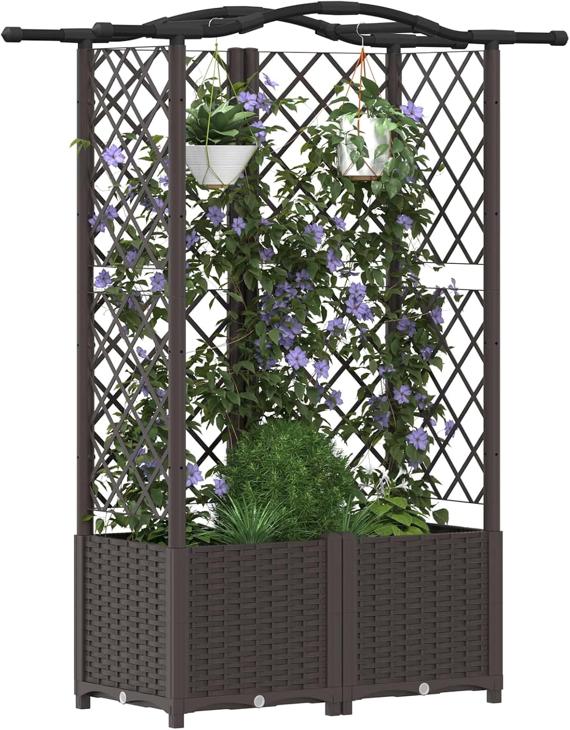 Высокая кровать с решеткой и коричневой крышей 122x40x141 см Прочный полипропилен встроенная дренажная система для вьющихся растений простая сборка