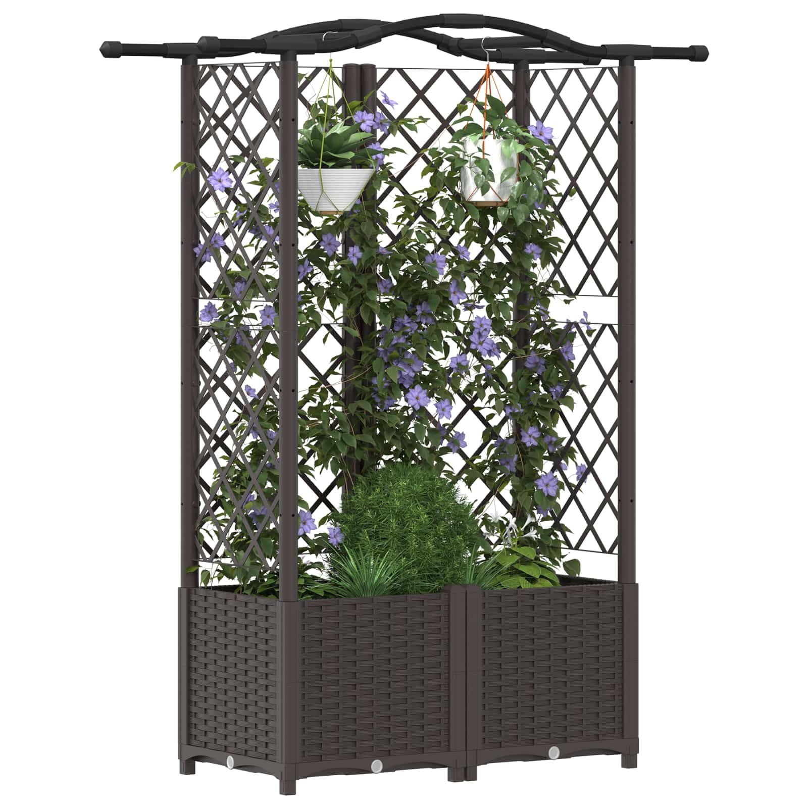 Hochbeet mit Rankgitter und Dach, Pflanzkasten mit Spalier für Kletterpflanzen, Stabiles Gartenregal für Terrasse und Balkon, Braun, 122 x 40 x 141 cm, Robustes PP